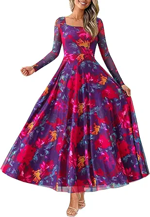 BTFBM Women Maxi Dress Fall 2025 Fashion Elegant Long Sleeve Square Neck Floral Print Party Club Wedding Guest Dresses