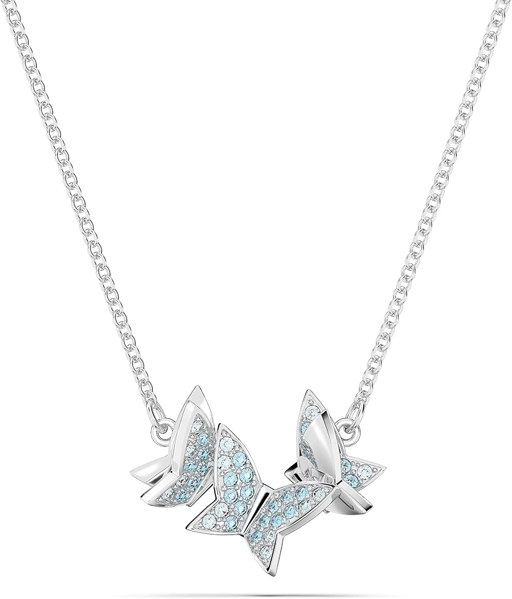 Collar de mariposas, pendientes y pulsera de Lilia, colección de joyas de cristal, cristales azules en un entorno acabado en tono rodio