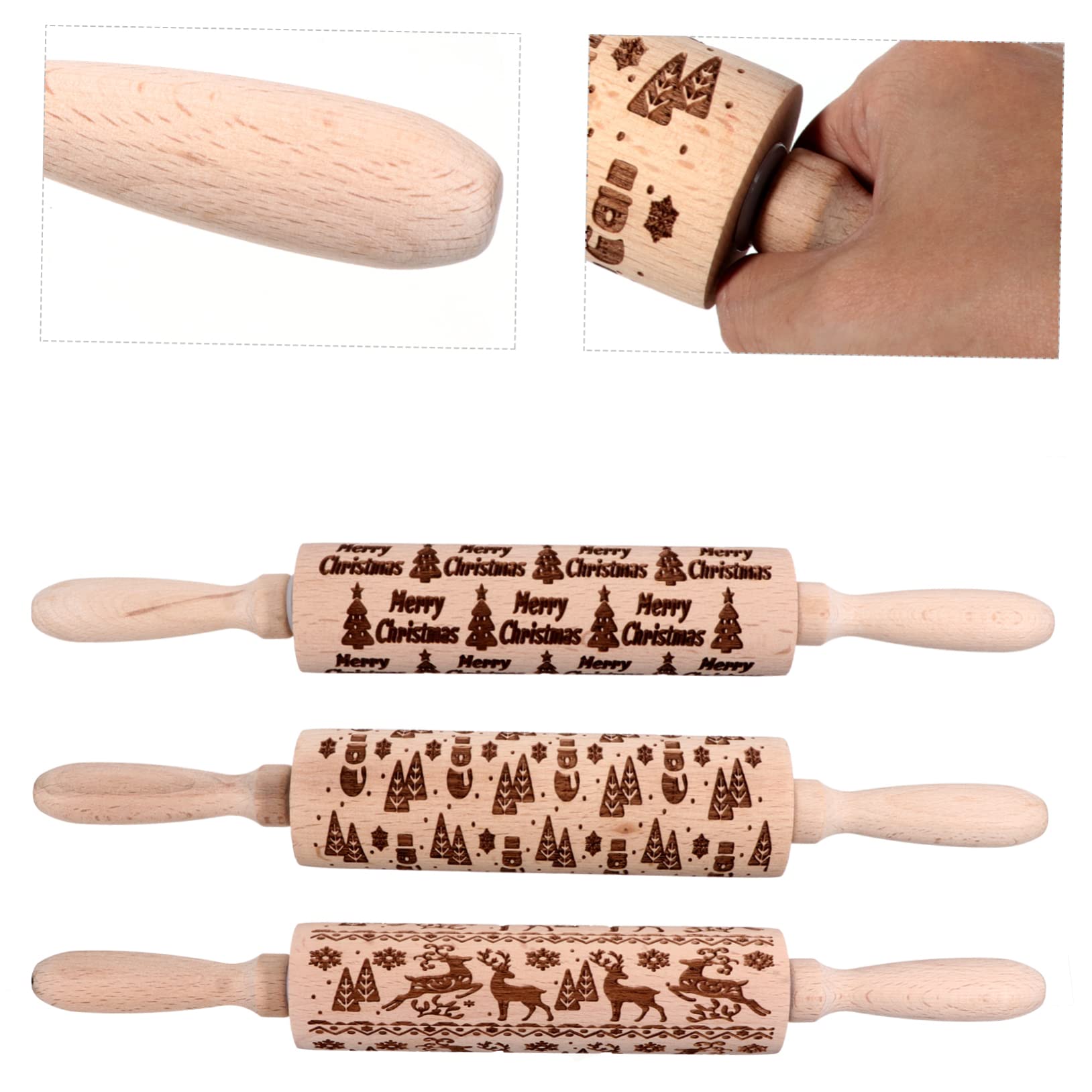 Mikinona Rouleau À Pâtisserie en Bois Rouleau À Pâtisserie Décoré De Noël pour La Pâtisserie Maison