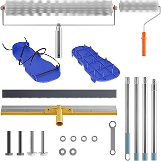 Bodenbeschichtung Set, 508 mm große Entschäumungsrolle für selbstnivellierende Böden mit abnehmbarem 1,6 m langem Verlängerungsgriff, gezackter Rakel und Stachelschuhen, großflächige Rakel