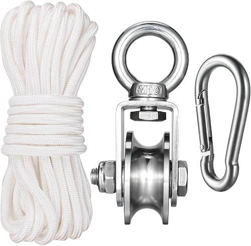 Heavy Duty Cable Single Pulley Block Wheel, with Ball Bearings for Wire Rope, with 32ft(10m) 0.31in(8mm) Nylon Rope and Clip, DIY Pulley System for Gym Equipment Workout, Winch, Lifting, 1Pack