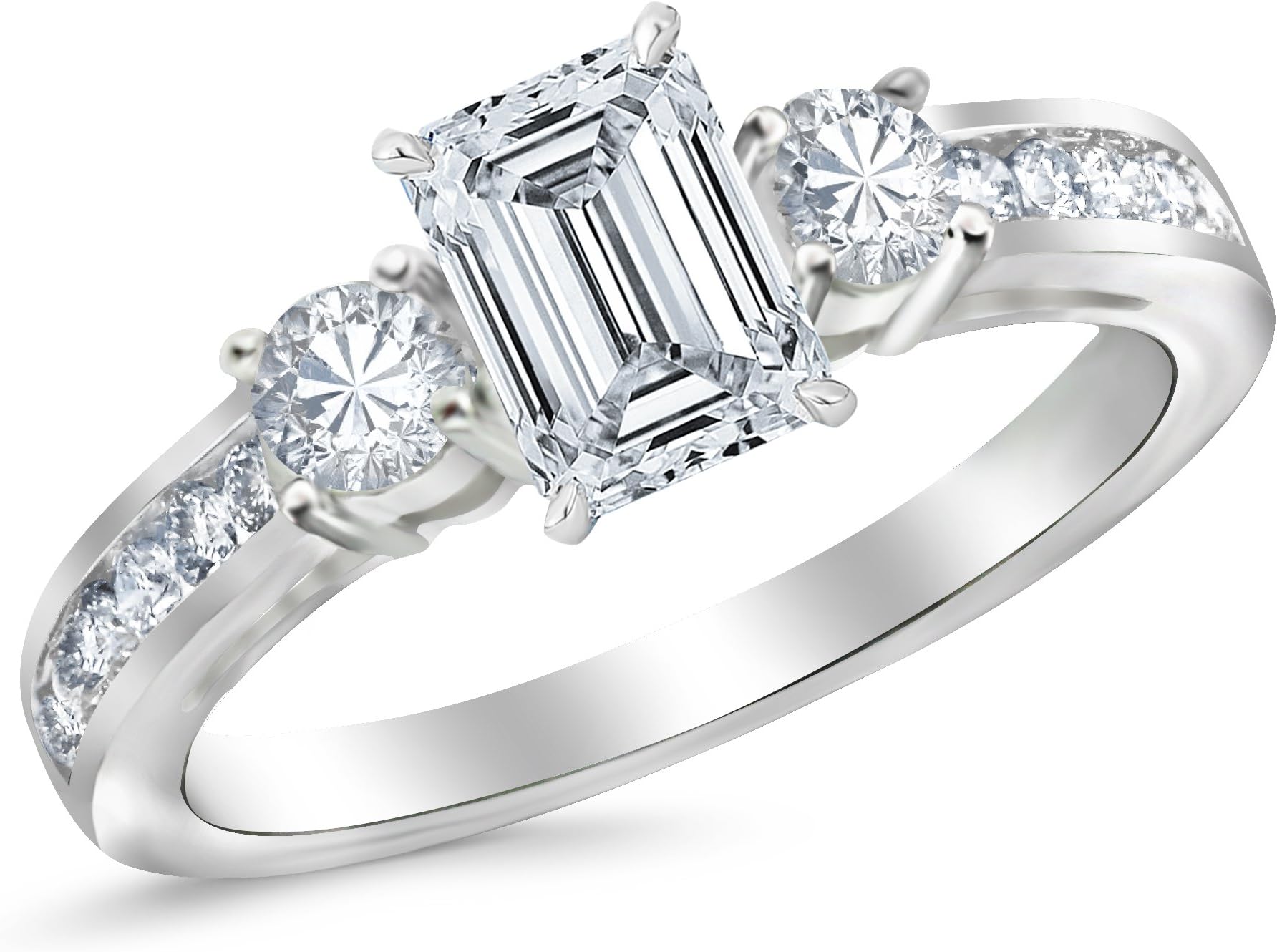 14K White Gold 1.5 Carat LAB GROWN DIAMOND Channel Set 3 Three Stone Emerald Cut Diamond Engagement Ring (G-H Color VS1-VS2 Clarity 0.75 Ct Center)