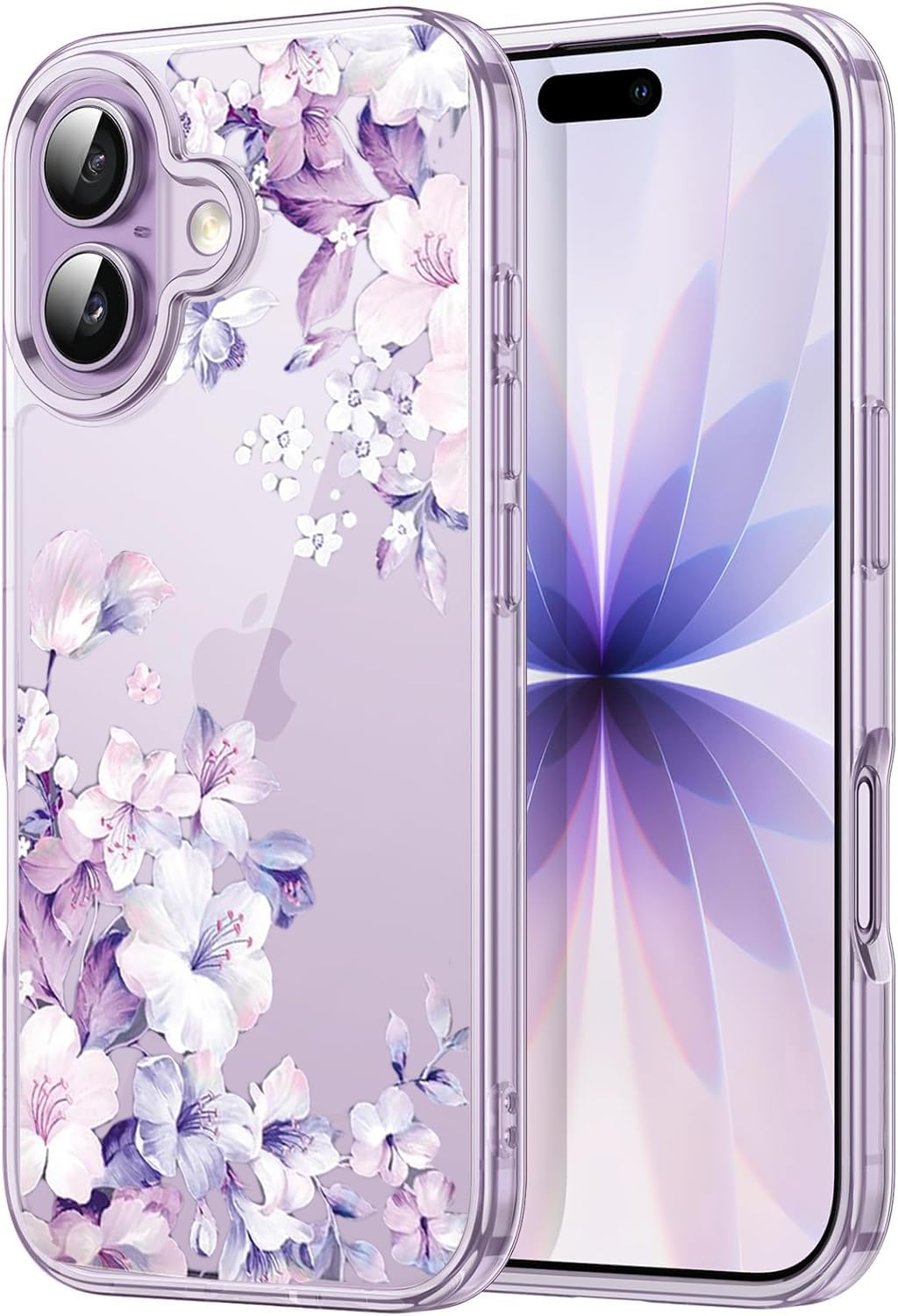 elzzi clear transparent flower cover for iphone 17 case shockproof floral design full camera protection shockproof pc+tpu transparent cover for girls & women (purple)