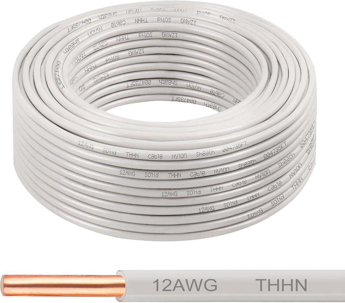 THHN Wire 12 Gauge 100 FT, 12 AWG Solid OFC Copper Electrical Building Wire with Nylon Jacket PVC Insulation, Rated 600V for Residential, Industrial, CNC, Ground (12 Gauge, White)