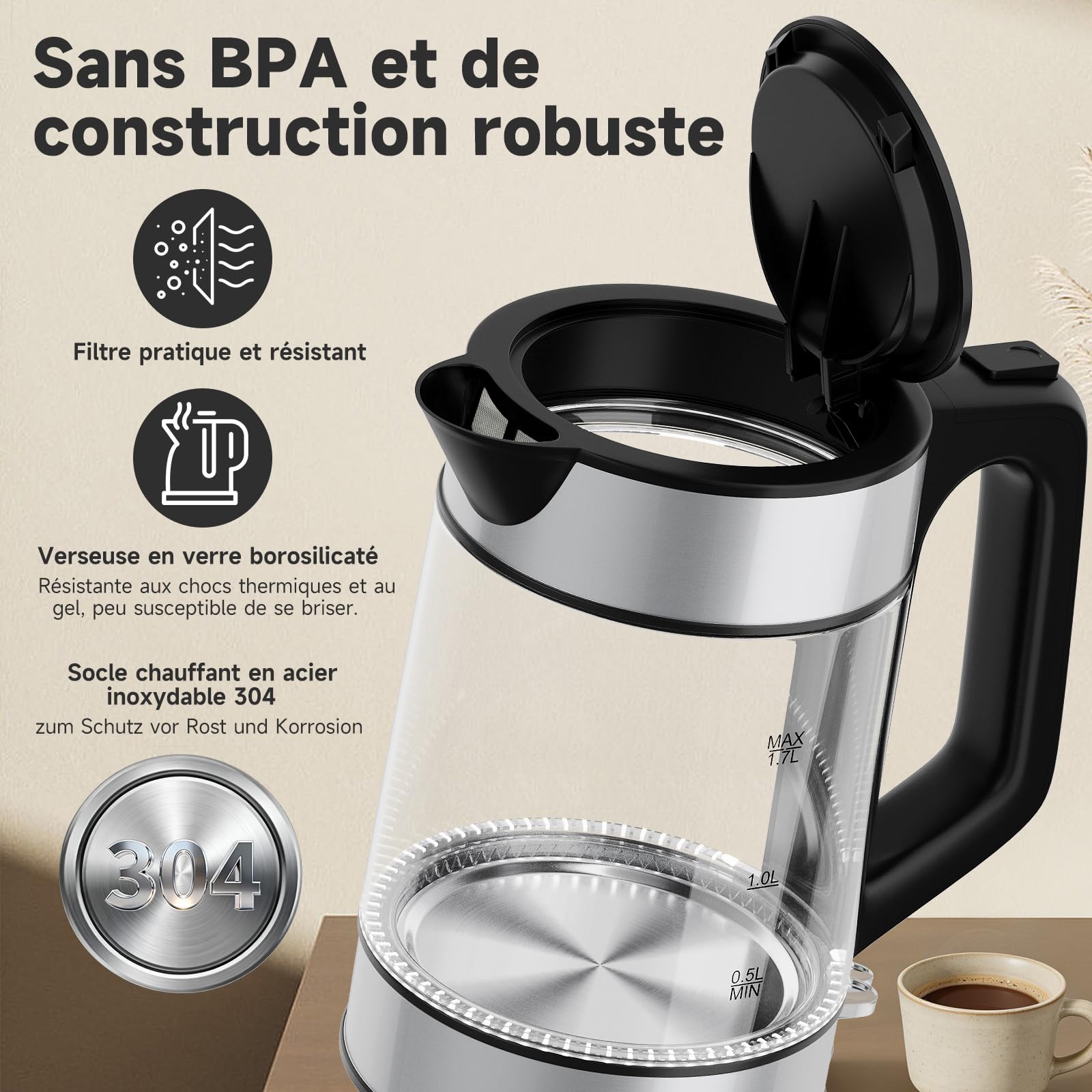 HOMELUX Bouilloire électrique en verre transparent 1,7 L, 2200 W