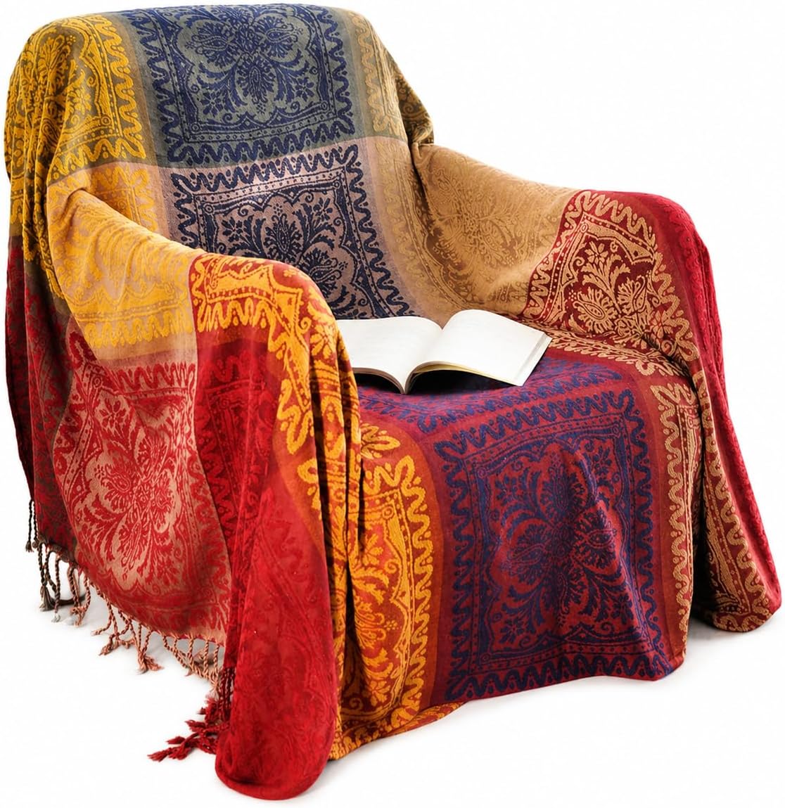 amorus Boho Sofa Cover, Throw Blankets for Couch (L,86 * 102inch) | Chenille Jacquard Bohemian Tassels Throw Blanket for bed, Decorative Sofa Slipcover Protector - Colorful Tribal Pattern