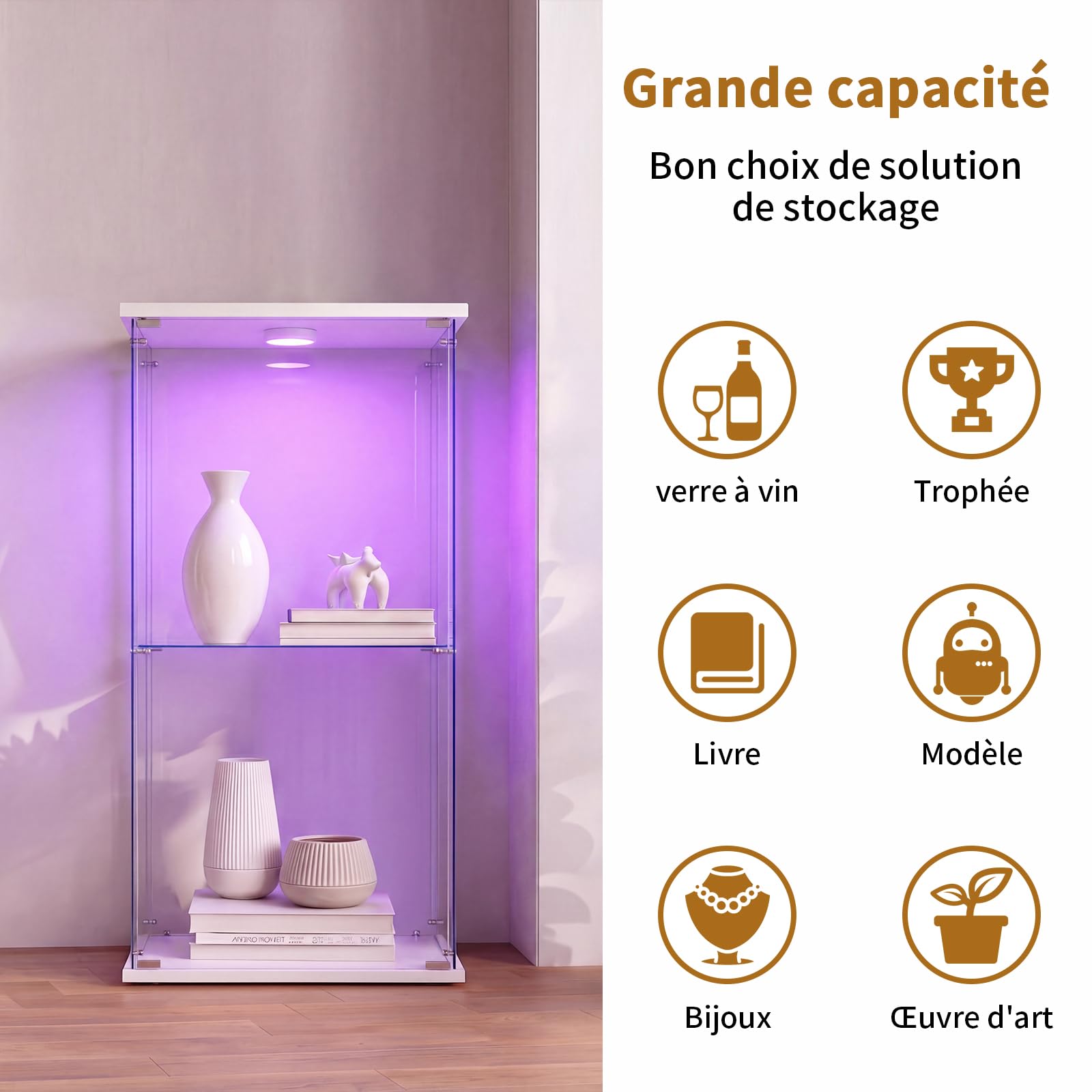 Vitrina de Cristal con Luces LED y Cerradura, Armario Expositor de Vidrio Templado con 1 Puerta y 2 Estantes, Cristalera Vitrina Expositora para Salón y Colección, 86×40×36,5 cm, Blanco