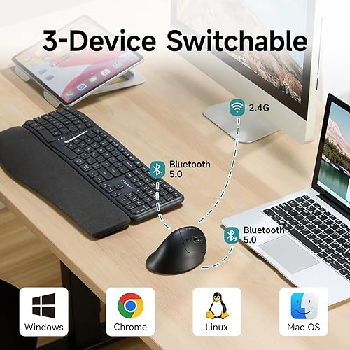 Miniatura 2 de SANWA Ratón vertical ergonómico multidispositivo, clic silencioso, 5 botones programables, 2 Bluetooth 5.0 + 2.4G Ratones Ergo inalámbricos para