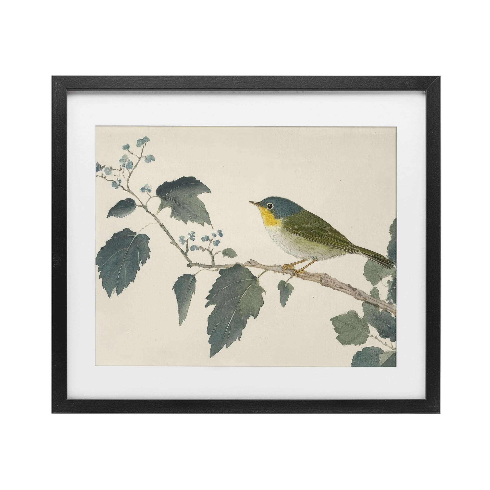 Stupell Industries Blue Bird and Leaves Black Framed Print Under Glass, design by Petal Prints Design, 13 x 16