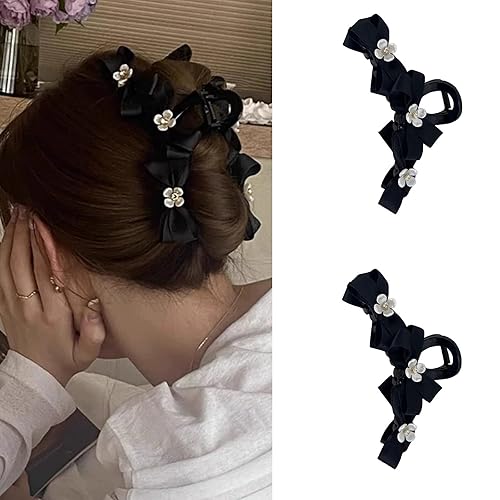 papasgix Pinza para el cabello, pinzas para el cabello con lazo grande para mujer, paquete de 2, pinzas de mandíbula antideslizantes, negro
