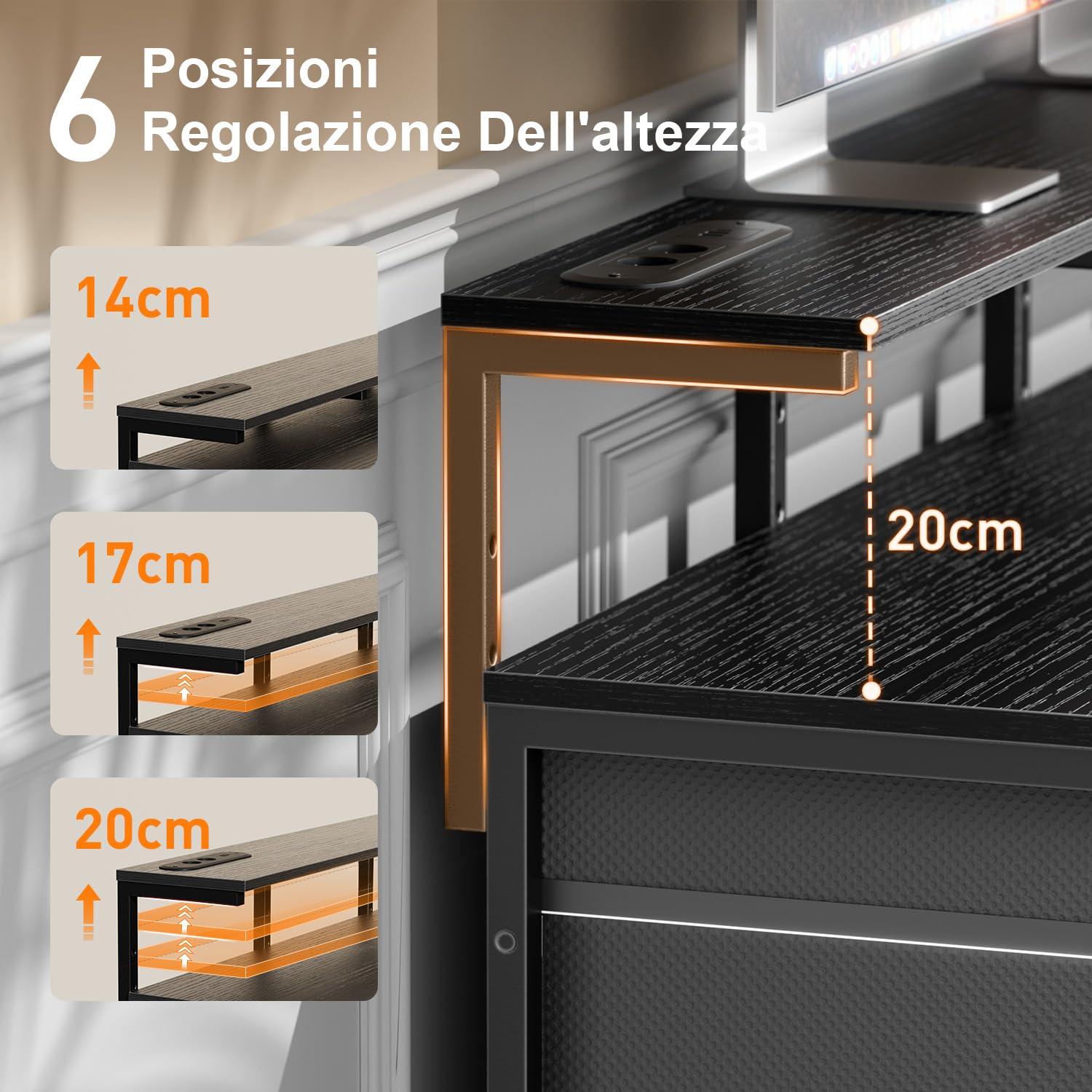 HLFURNIEU Scrivania con 8 Tessuto Cassetti, Tavolo Gaming con Presa di Corrente & Porta USB, Scrivania PC Salvaspazio con LED, Tavolo Ufficio con Supporto per Monitor (Nero, 120 × 50 cm)