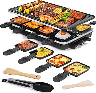 Raclette Table Grill, Electric Grill Korean BBQ Grill Indoor 2 in 1 Electric Griddle Nonstick with 8 Raclette Cheese Pans 1 Tong Adjustable Temperature Control 1300W Ideal for Family and Party Fun