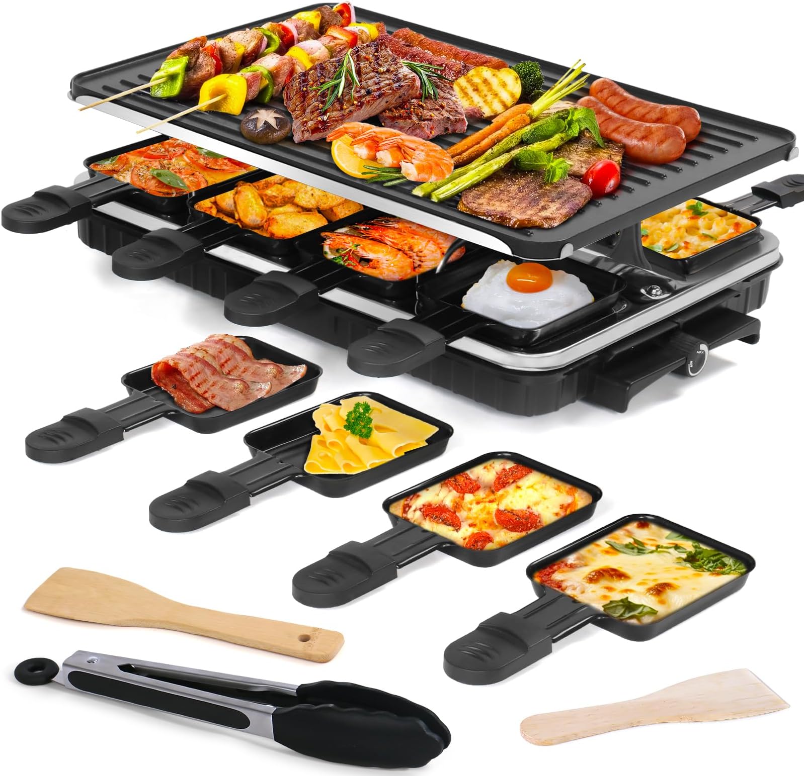 Raclette Table Grill, Electric Grill Korean BBQ Grill Indoor 2 in 1 Electric Griddle Nonstick with 8 Raclette Cheese Pans 1 Tong Adjustable Temperature Control 1300W Ideal for Family and Party Fun