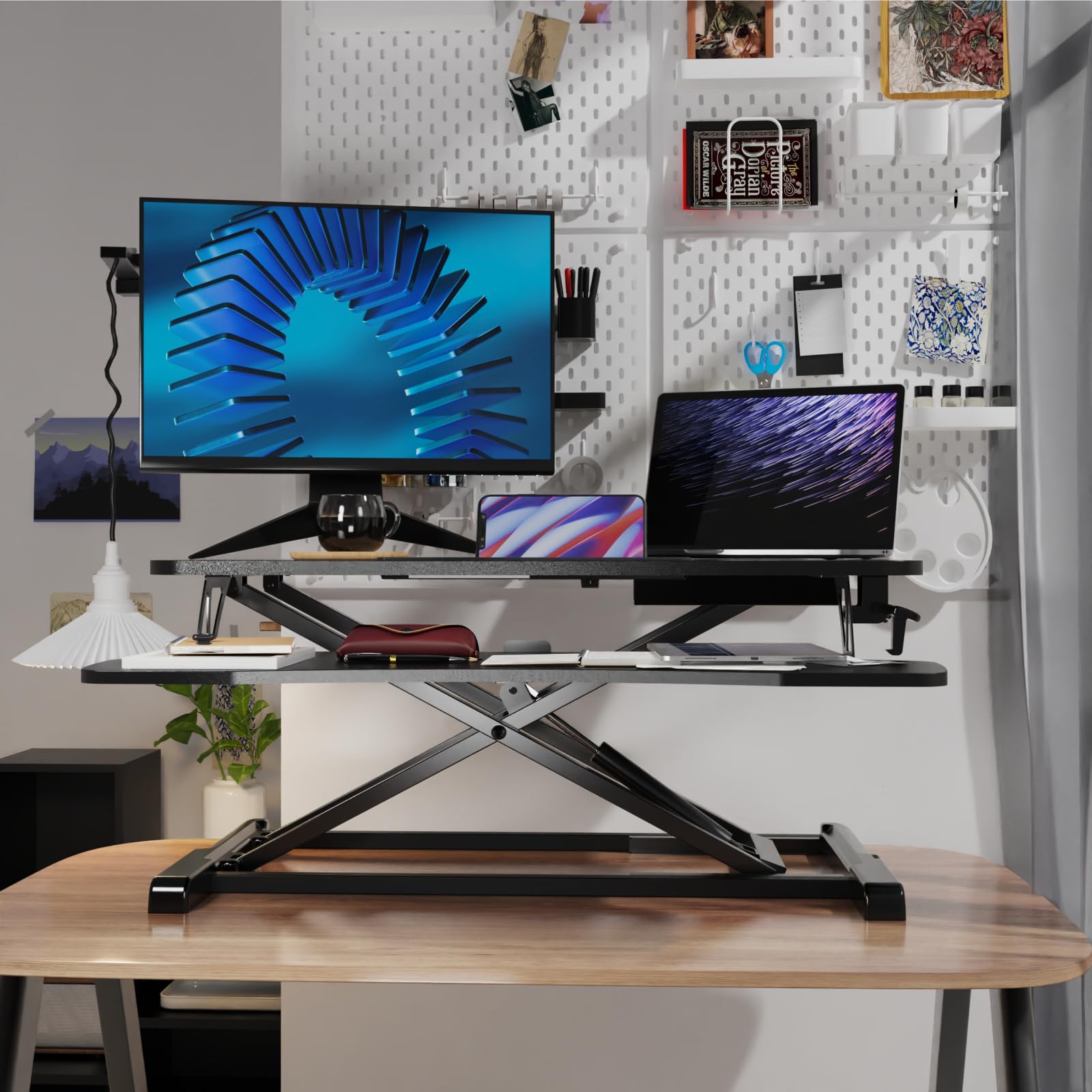 Fohfurniture Convertisseur de bureau debout, support assis, table d'extension, petit bureau debout, Airlift Pro, bureau debout, lève-bureau à domicile (noir)