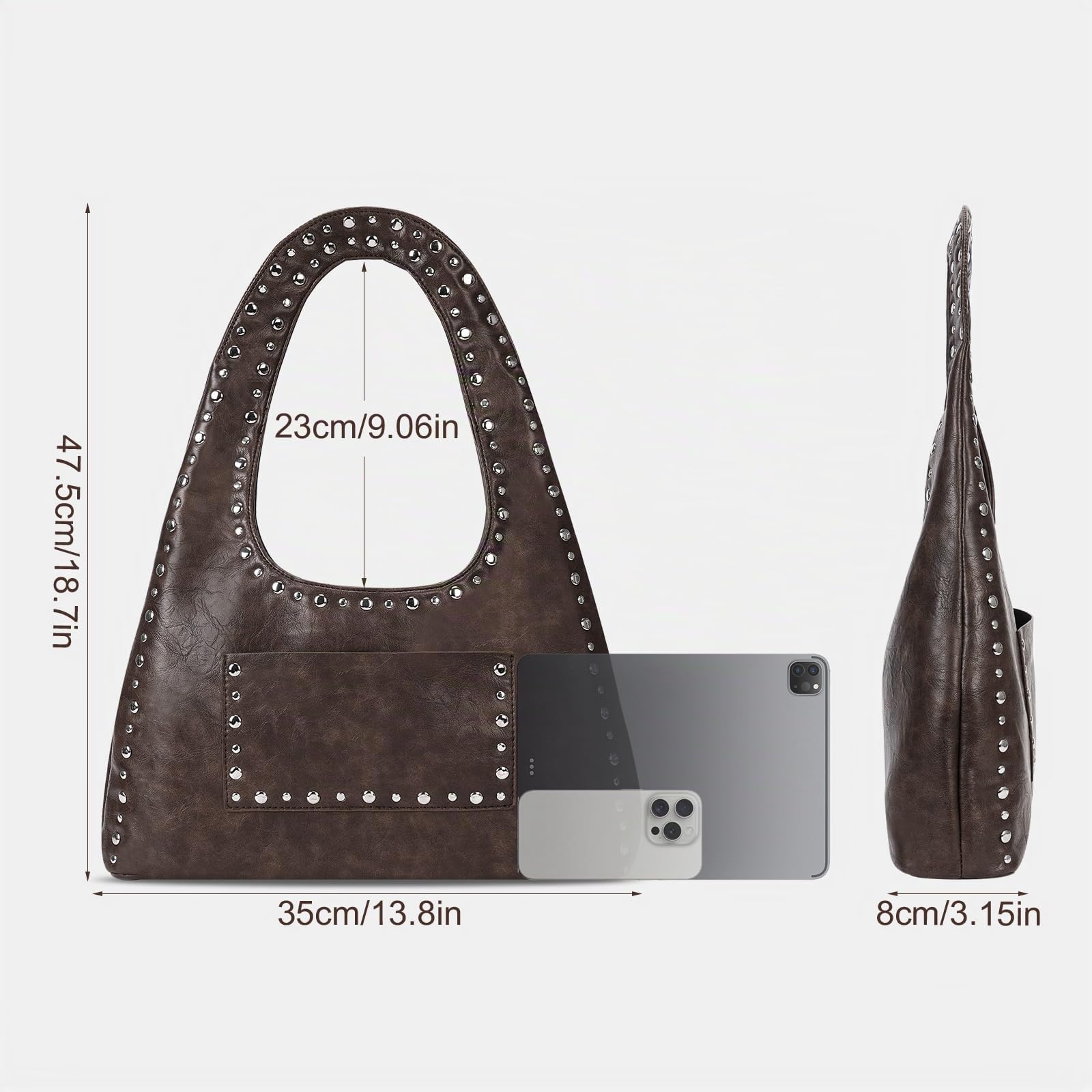 HiTotes Bolso hobo de cuero con tachuelas para mujer, bolso de mano de cuero vegano, bolso de hombro Y2K, bolso hobo de otoño, bolso de hombro creciente con tachuelas