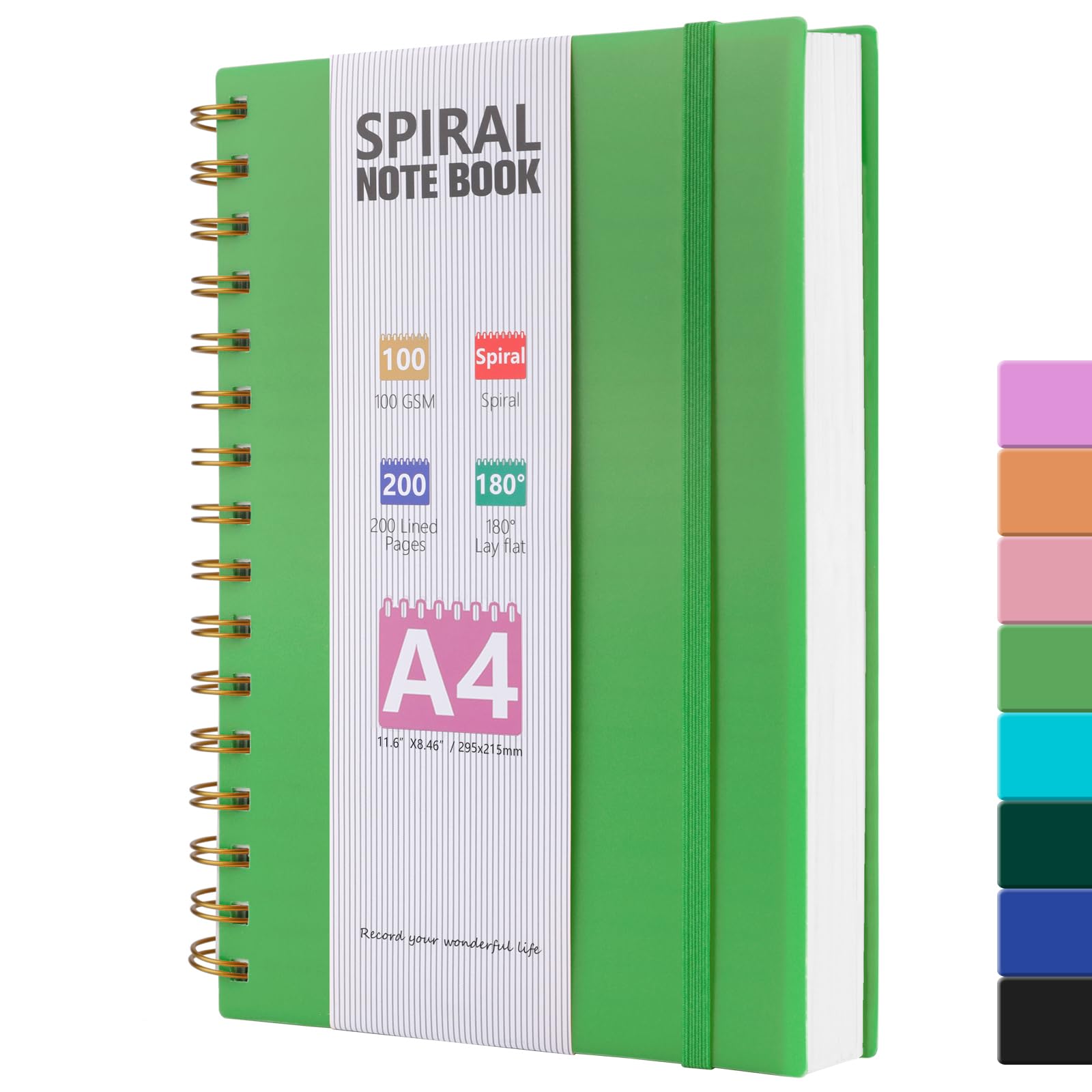 A4 Notebook, 200 Pages Notebook Journal for Women Men, Wirebound Spiral Notebooks with 100GSM Lined Paper, PVC Waterproof Cover Note Book Notepad for Work Office School Supplies, 21.5 x 28.5cm-Green