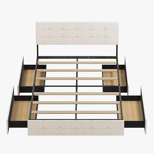 Miniatura 5 de Mjkone Base de cama de plataforma con 4 cajones de almacenamiento, base de cama tapizada tamaño California King con cabecera ajustable con botón