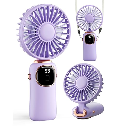 coldSky Portable Handheld Fan, 4000mAh Battery Operated 3 in 1 Multifunction Personal Travel Fans with Digital Display, 90° Foldable Desk Fan with Base, 5 Speed Lash Fan for Makeup/Commute/Office