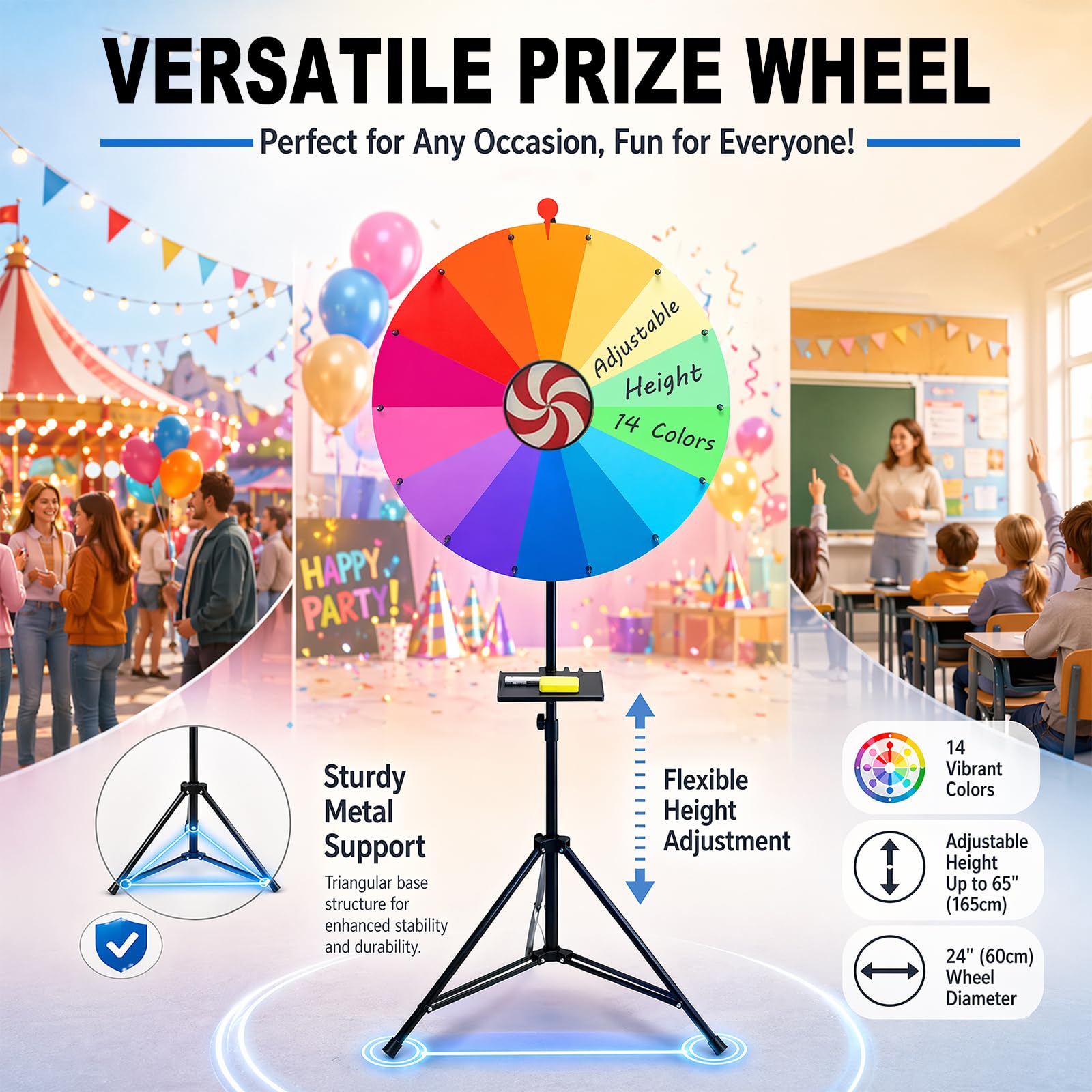 Generisch 61 cm Drehendes Preisrad, 14 Farben, Drehbares Kritzelspiel mit Löschbarem, auf dem Boden Stehend, Verstellbar von 94 cm - 165 cm, Verstaubares Glücksrad mit Ablage