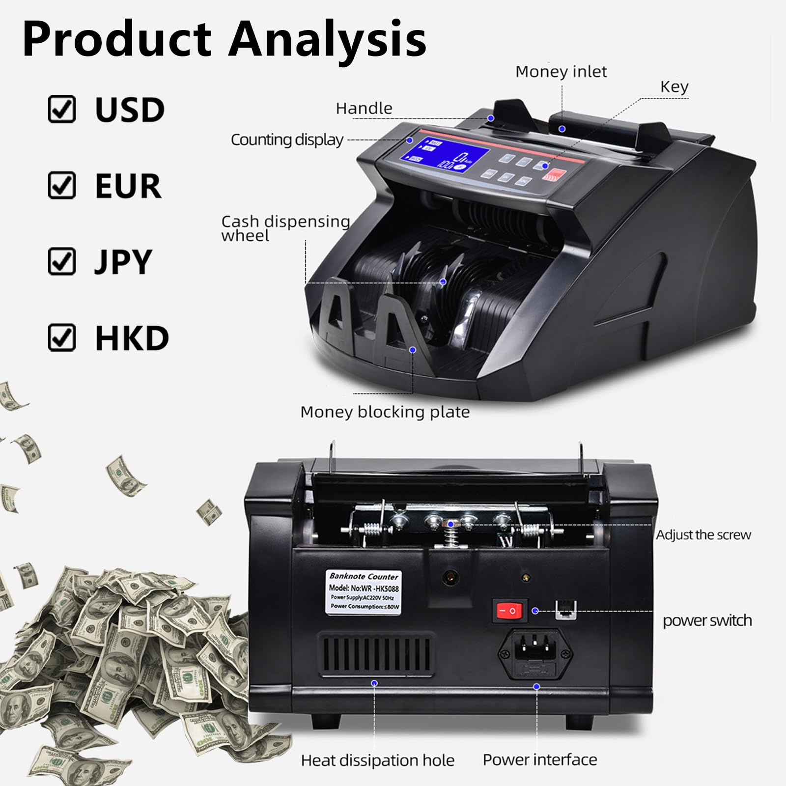 Detector LED de billetes falsos para USD/EUR/JPY/HKD, doble detección UV/Mg, máquina contadora de efectivo para empresas comerciales multinacionales
