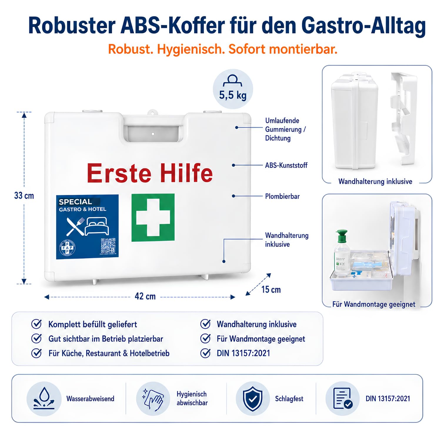 First Aid Products Erste-Hilfe-Koffer Gastronomie Hotel DIN 13157 gefüllt - Weiß | Detect-Pflaster HACCP & Burngel | Gastro Küche Restaurant, Betriebsverbandkasten Wandhalterung - 33×42×15 cm