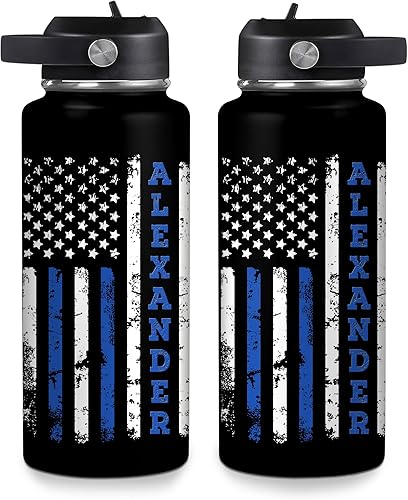 Vista 7 de Hyturtle Botella de agua personalizada de policía, botella de acero inoxidable aislada de 18 onzas, 32 onzas, bandera de línea azul fina, regalo
