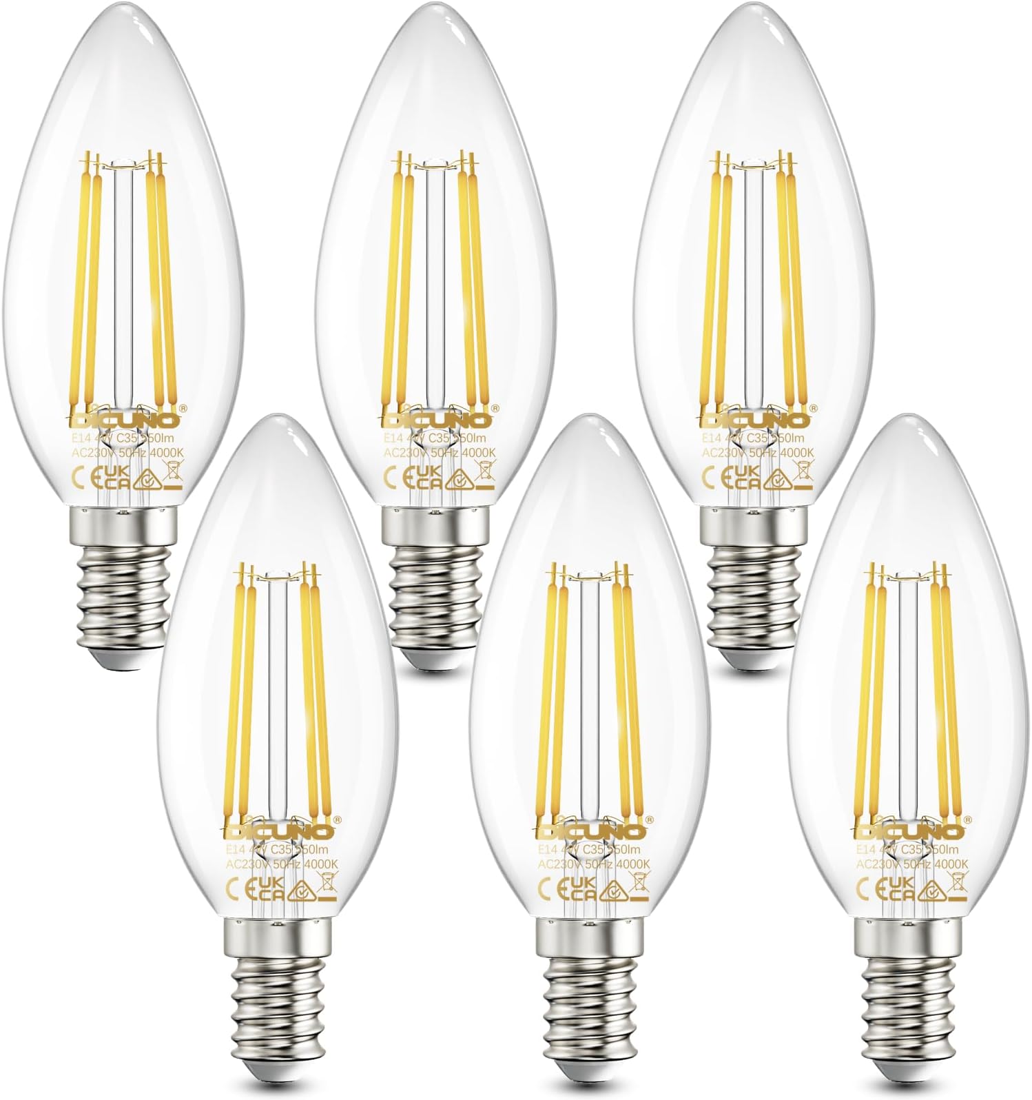 DiCUNO E14 Candle LED Bulbs, Small Screw E14 LED, 4W, 550LM, 40W Incandescent Equivalent, Natural White 4000K, SES C35 Clear Filament Bulbs for Chandeliers, 6Pcs