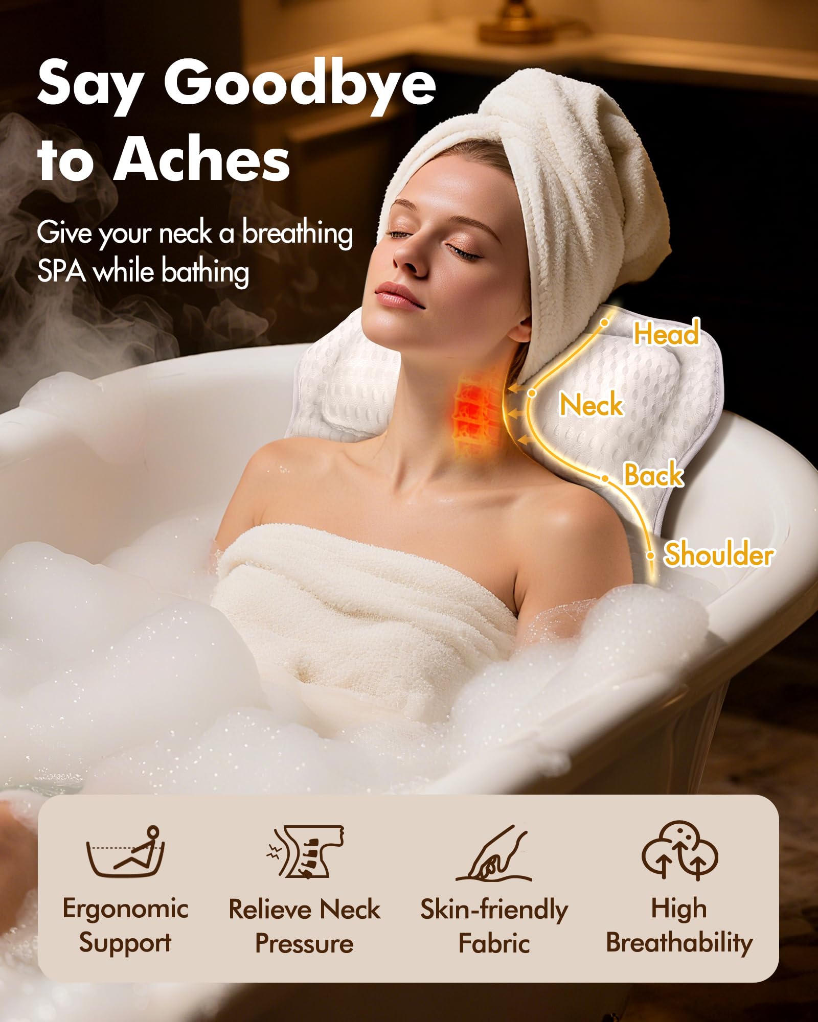 AOPOW Ergonomisches Luxus-Badekissen – 4D Air Mesh Bequemes Badewannenkissen mit Kopf-, Nacken-, Schulter- und Rückenstütze Wasserdichtes Spa-Kissen für Damen und Herren, Geschenke, 6 rutschfeste