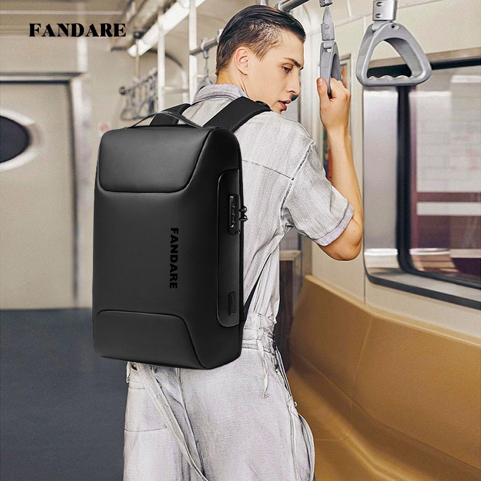 FANDARE Antivol Sac à Dos Ordinateur Portable 15.6 Pouces Homme d'affaires Femme Sac de Travail Scolaire Cartable avec Port de Chargement USB Fonctionnel Sac a Dos PC pour Loisirs Voyage Noir A