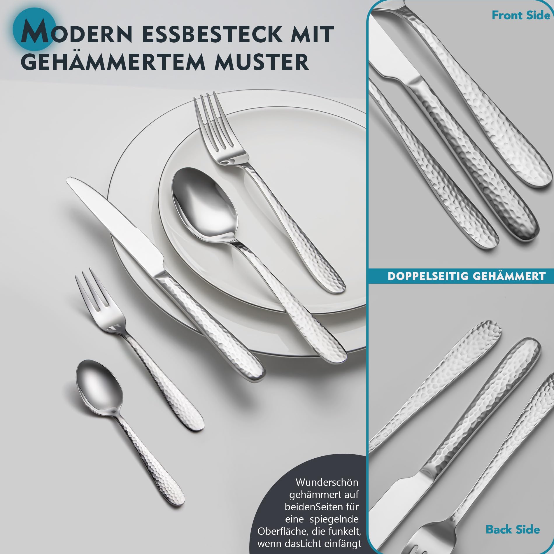 Gehämmertes Besteckset, EIUBUIE 20-Teiliges Edelstahl Besteck, Modernes Besteck Set 4 Personen, Essbesteck Set mit Messer Gabel Löffel, Tafelbesteck für Haus/Party, Hochglanzpoliert, Spülmaschinenfest