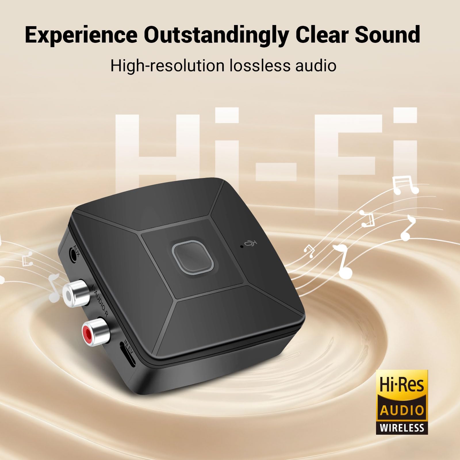 Ricevitore Bluetooth 6.0 per impianto stereo con SBC, decodifica AAC, decodifica Hi-Res, adattatore Bluetooth aux (jack da 3,5 mm su 2 prese RC), AVRCP, A2DP, HFP, protocolli Bluetooth HSP, USB-C