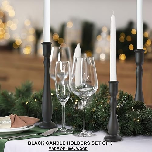 Miniatura 5 de Portavelas negro para candelabros, juego de 3 portavelas cónicos modernos, decoración de palitos de madera altos (12 pulgadas, 10 pulgadas, 8