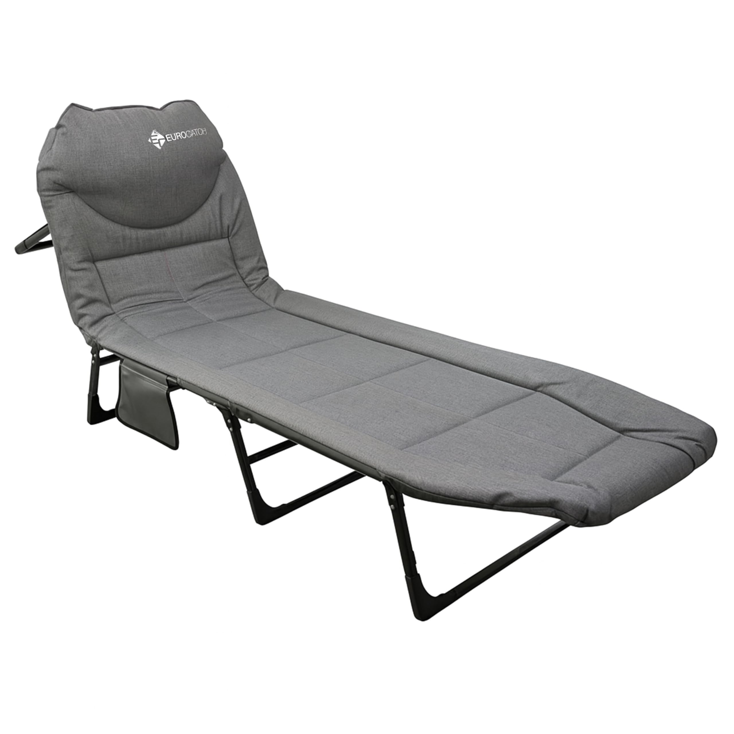 Klappbares Campingbett Grau - 4 Stützbeine - 5-Fach Verstellbare Rückenlehne - Gepolsterte Kopfstütze - Seitentasche - Feldbett Camping - 195x65x27 cm