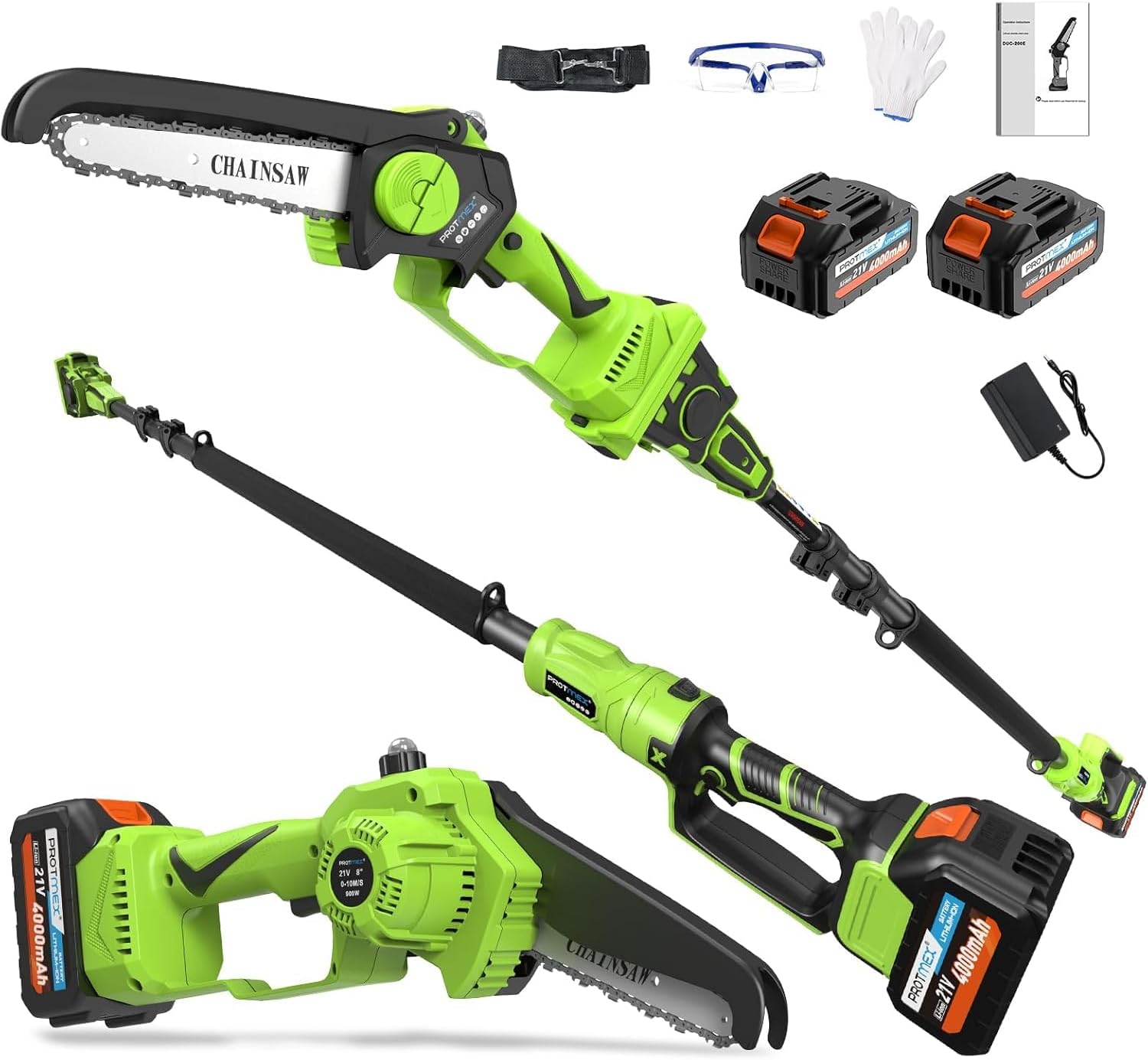 2-in-1 Cordless Pole Saw 8 Inch&Mini Chainsaw, 2× 21V 4.0Ah Batteries, 15ft Max Reach, Electric Pole Chainsaw for Tree Trimming Branch Cutting, Brushless Motor, Extending Pole