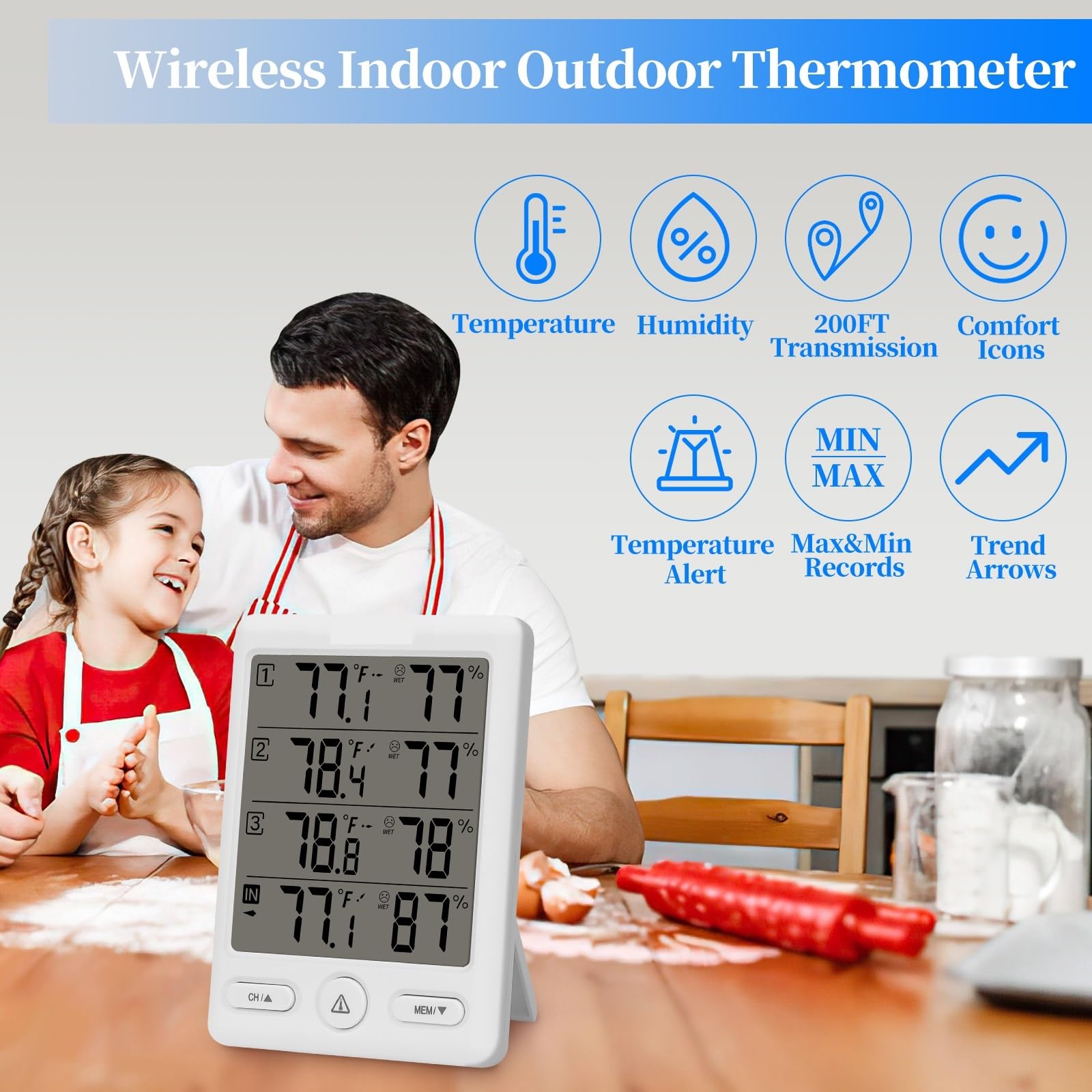 Stazione Meteorologica Wireless per Interni Ed Esterni, Termometro, Igrometro Digitale, Temperatura, umidità, con 3 Canali,White