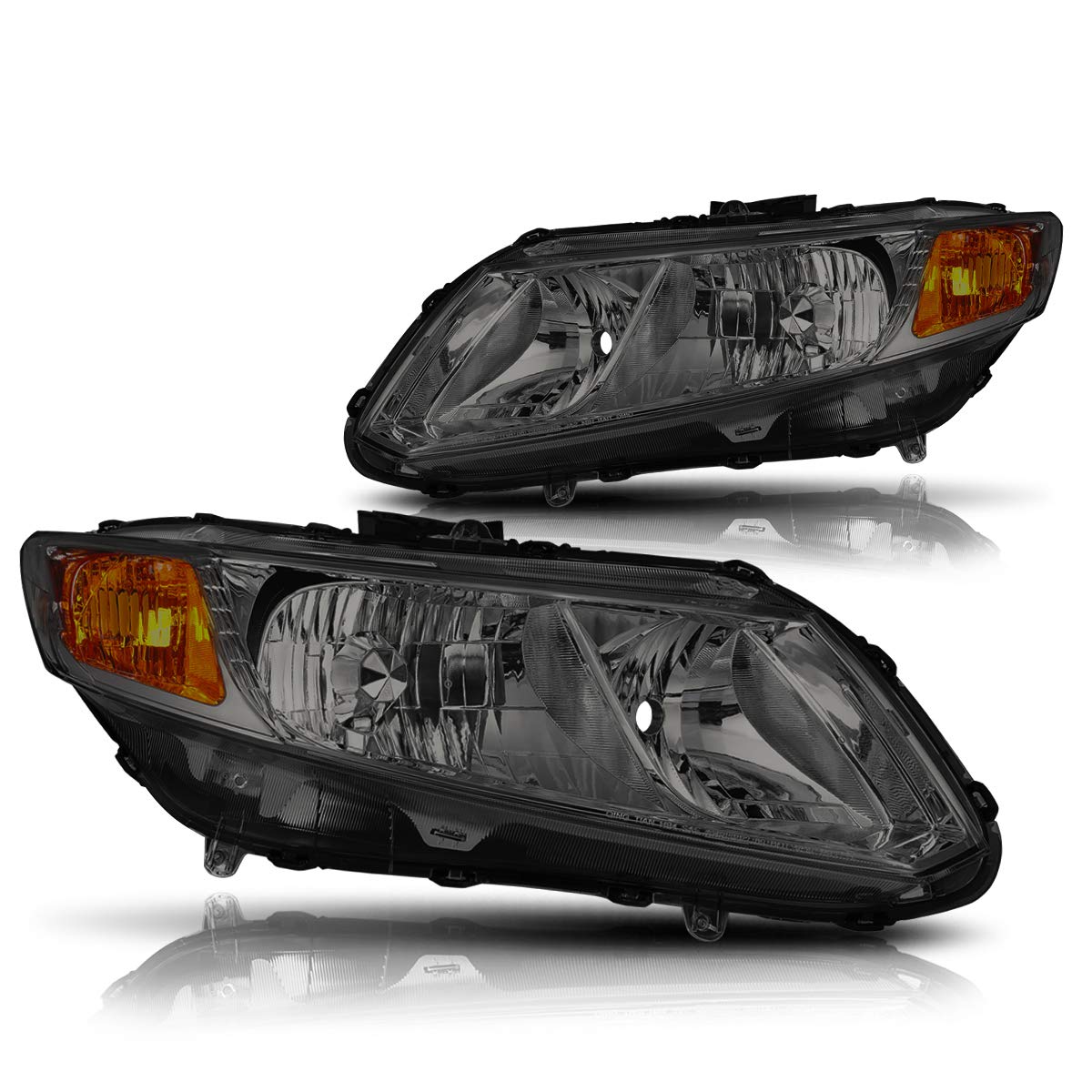 PM PERFORMOTOR Headlights Assembly Compatible with 2012 2013 2014 2015 Honda Civic Sedan / 2012 2013 Honda Civic Coupe, Pair of Headlamps with Smoked Lens Amber Corner