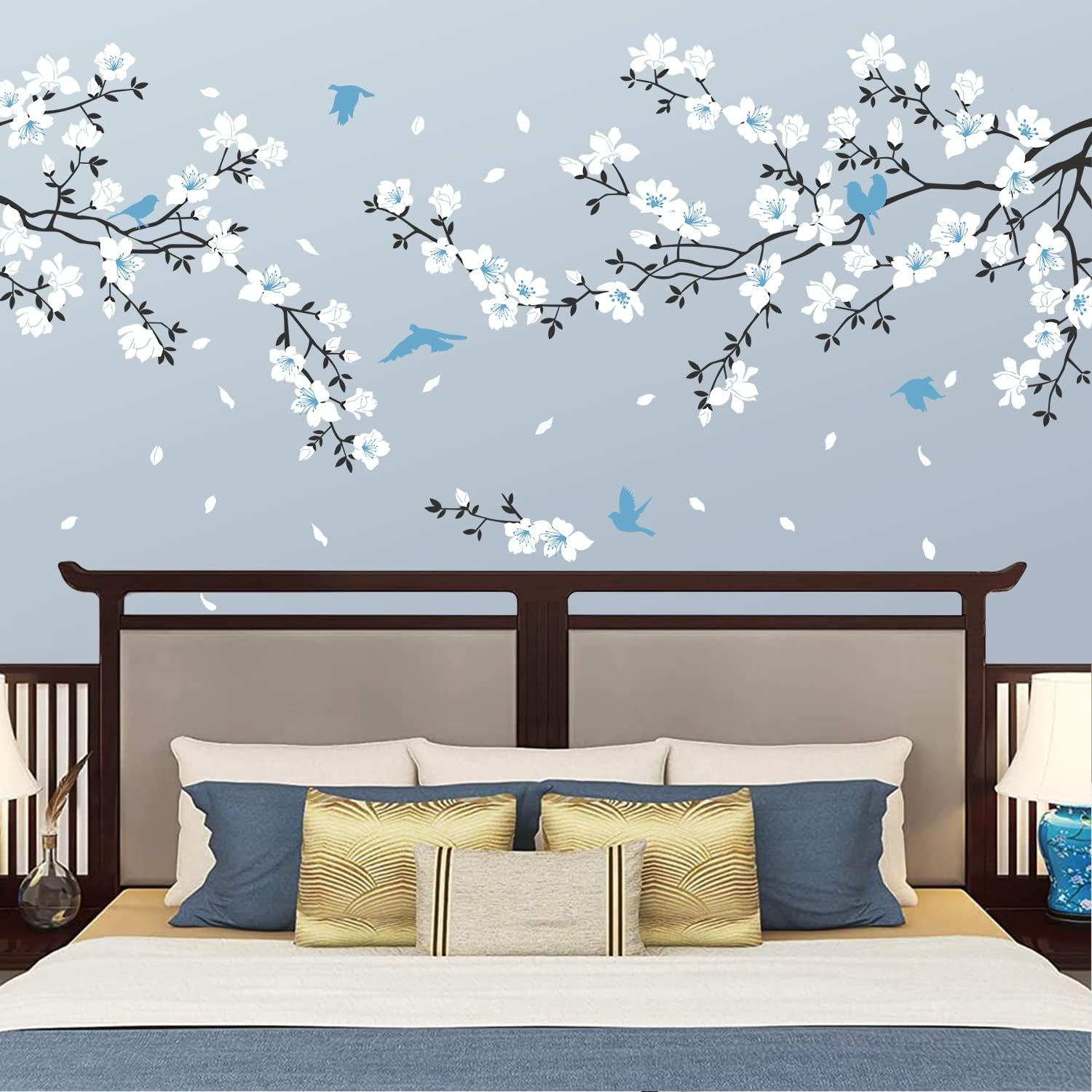 Supzone Blue White Flower Wall Stickers - Cherry Blossom Wall Decal Birds on Tree Branch Art Sticker for Bedroom, Living Room, Office, Study Room, TV, Sofa Wall Decor Home Decoration