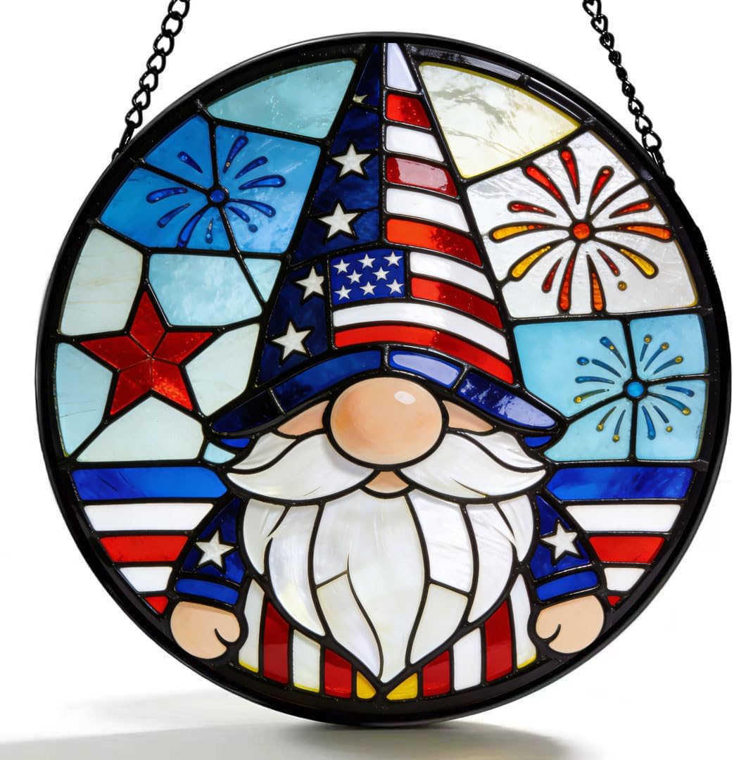 4th of July Stained Glass Suncatcher - Patriotic Gnome Window Hanging Ornament American Flag Design Decor for Independence Gift & Home Decoration