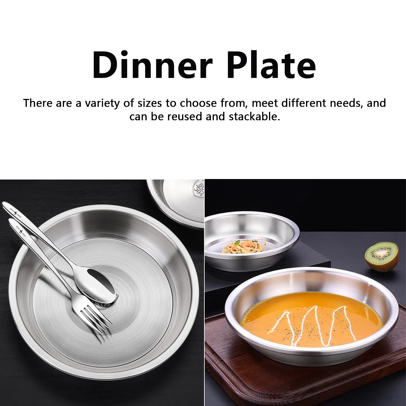 BORDSTRACT Piatti da Portata In Acciaio Inox, Piatti Rotondi Grandi e Resistenti, Ciotole Profonde per Minestra, Insalata, Antipasti, Dessert, Cibo da Campeggio, Cucina e Casa(26cm)