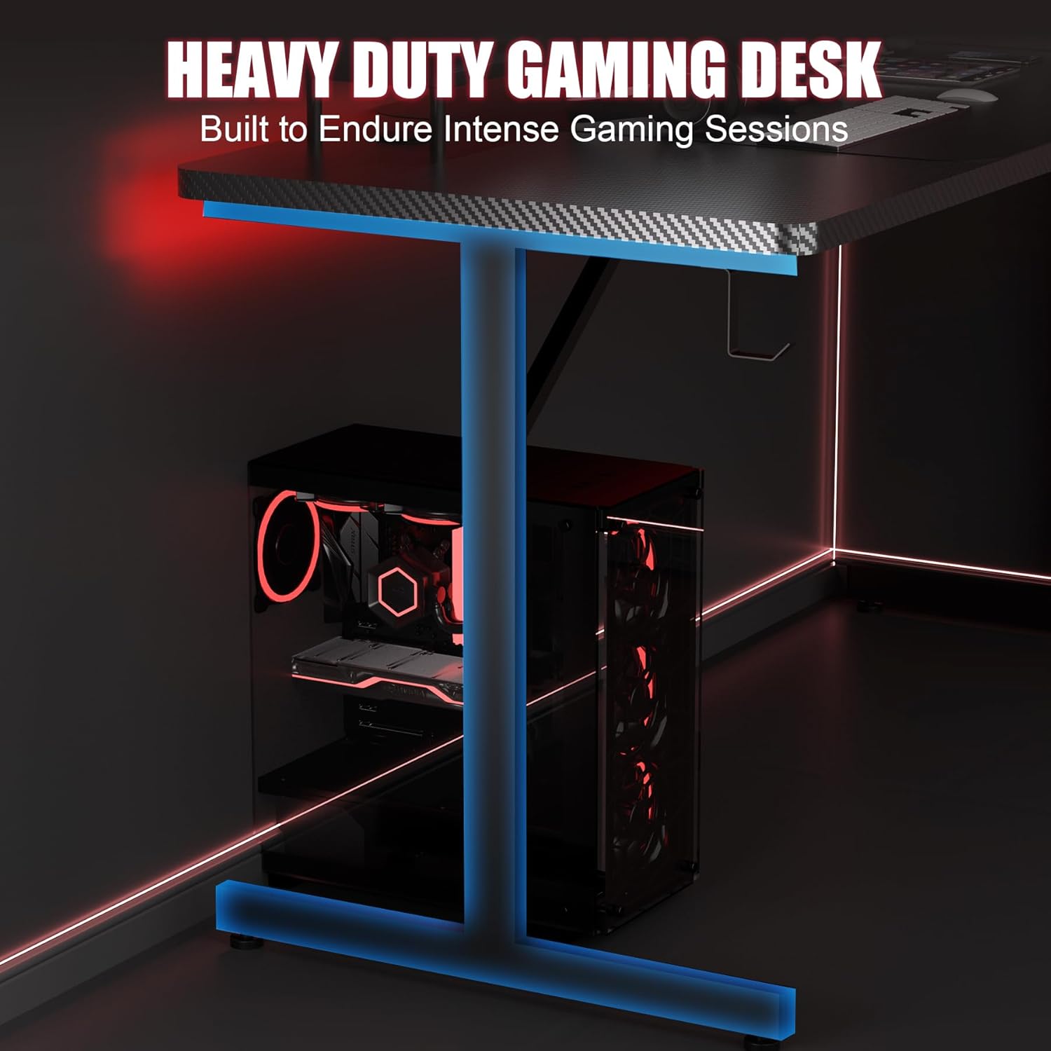 GTPLAYER Gaming Desk 55 Inch with LED Lights, Large Computer Desk with Mouse Pad for Home Office, T-Shaped Carbon Fibre Surface PC Game Workstations with Headphone Hook