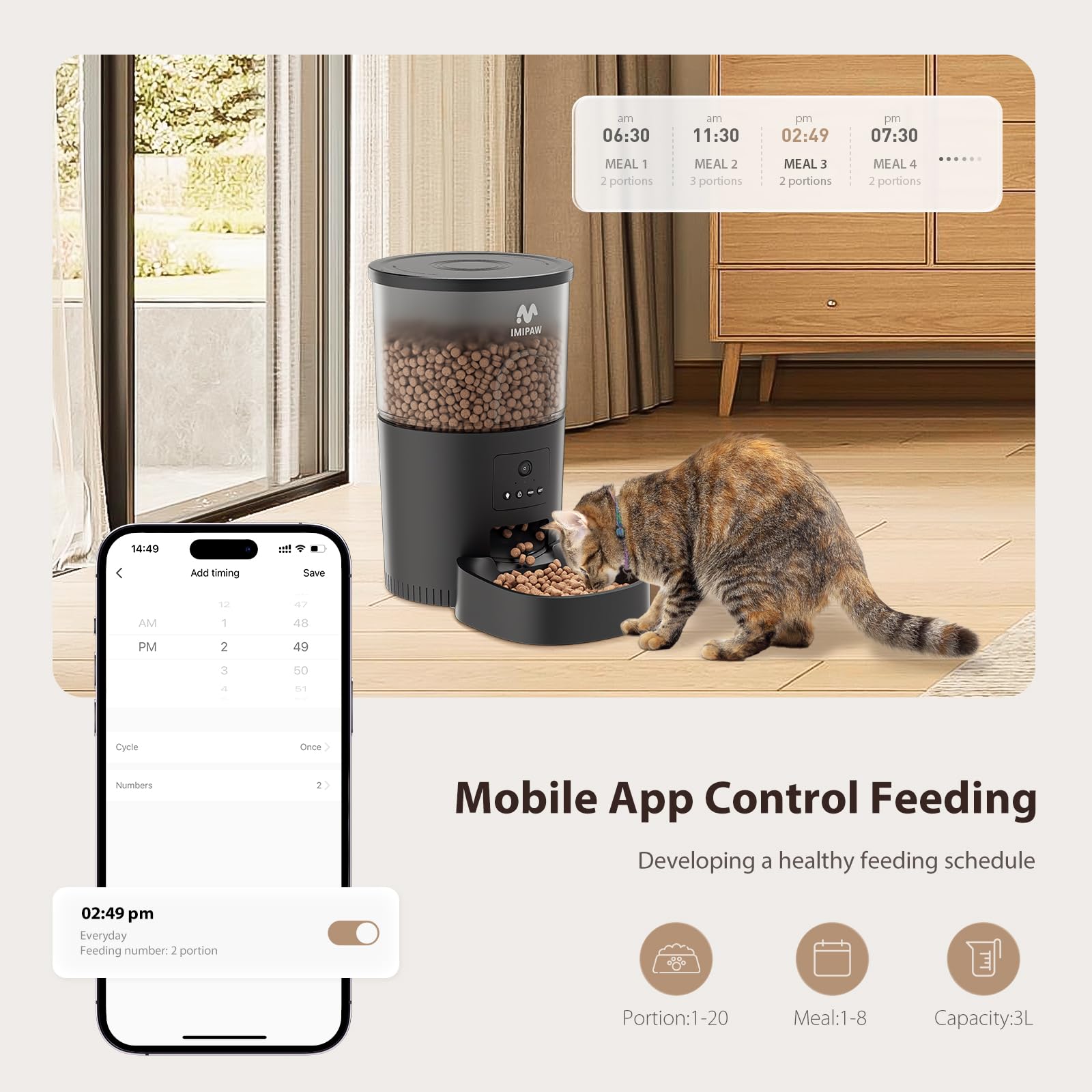 IMIPAW Distributeur Croquettes Chat Automatique avec Caméra 1080P, WiFi 2.4G | 5G, Contrôle Via App – Programmation 1 à 8 Repas/Jour, Enregistrement Vocal 10s, Vidéo Audio en Direct
