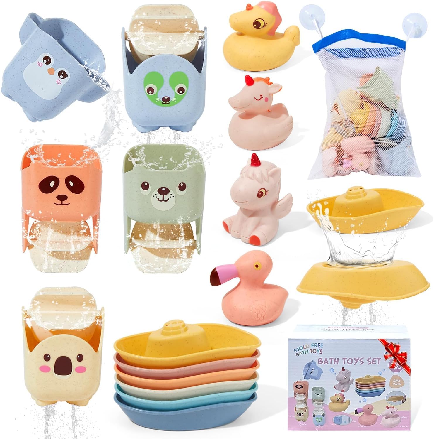 Baby Bath Toys for 1 2 3 4 Year Olds, 15 Pack Fun and Mould Free Bathtub Water Play Toys with No Mould Floating Boats & Bath Cups and No Hole Animal Floating Swimming Pool Toys for Babies 12 +Months