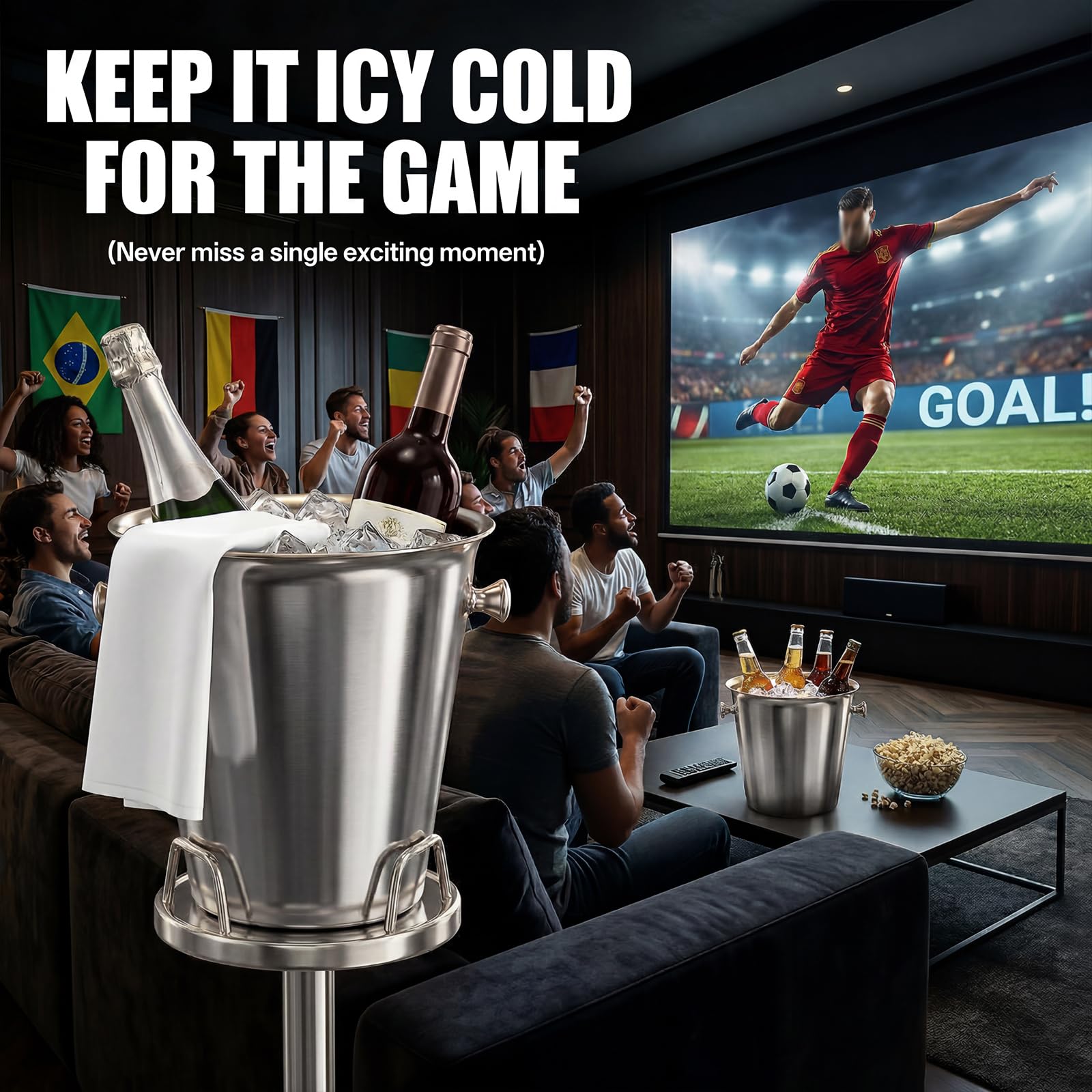 Cubo de hielo plateado con soporte, enfriador de champán de acero inoxidable 201 con asa de transporte, cubo de hielo de pie para vino, cerveza, karaoke, club, bar, barbacoa, fiesta, 5 L