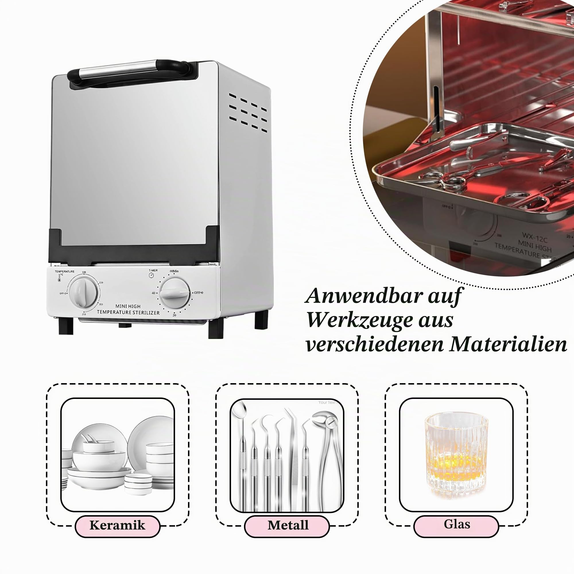 Hochtemperatur-Sterilisator, 10 Liter Fassungsvermögen, max. 250°C, mit Temperaturregelung und Timer, für Friseursalon, Spa, Nagelstudio, Werkzeugsterilisator