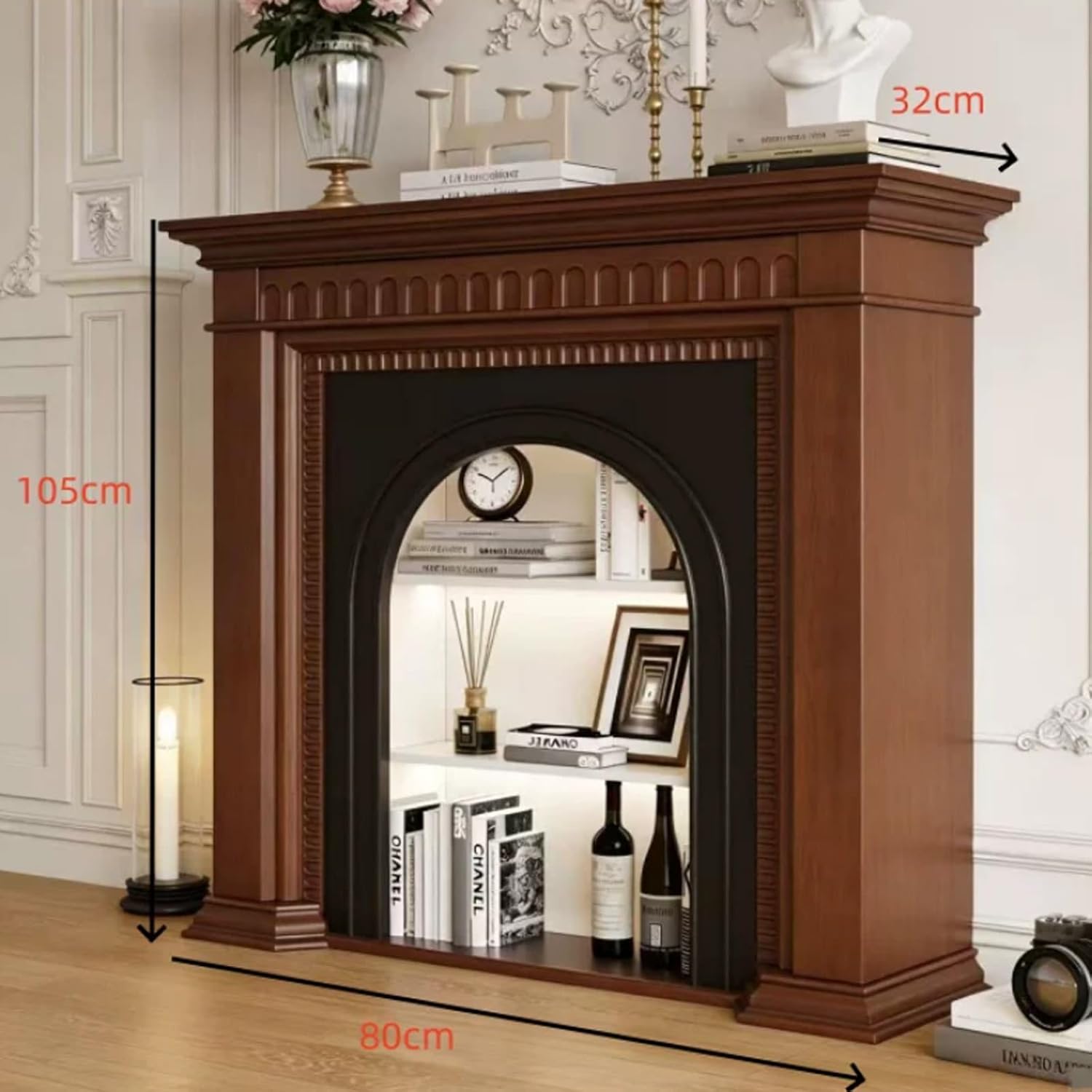 Fireplace Mantel Surround Solid Wood Arched Fireplace Mantel with Storage Classic Decorative Surround(Small)