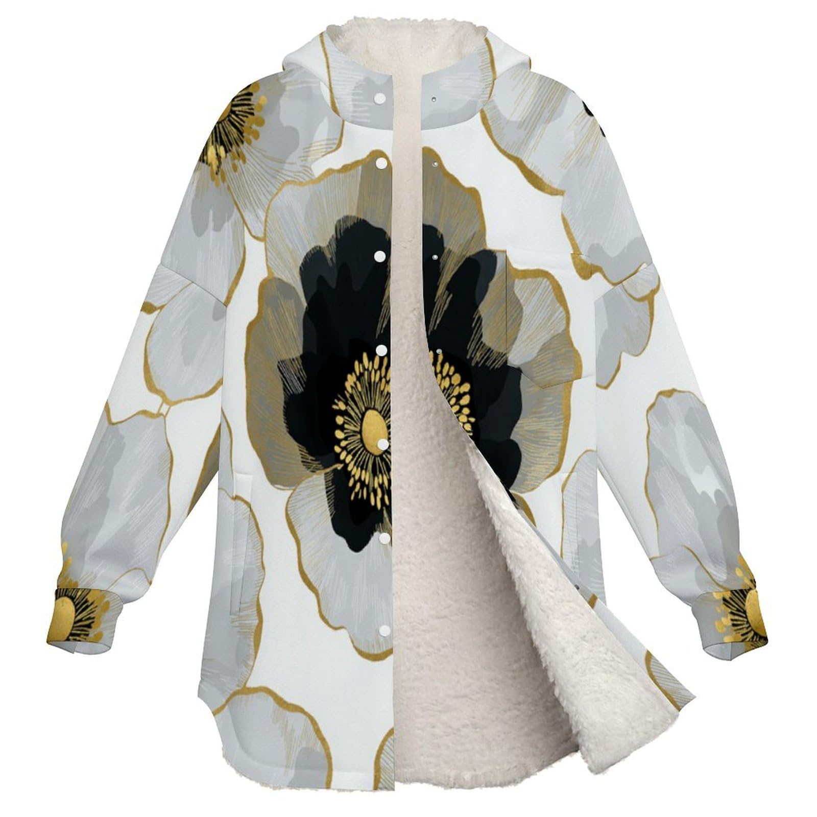 Sudadera Invierno con Capucha de Forro Polar Mujer Amapola Blanca Y Negra Cálido Hoodies a Manga Larga Felpa Sudadera con Bolsillos, Gris