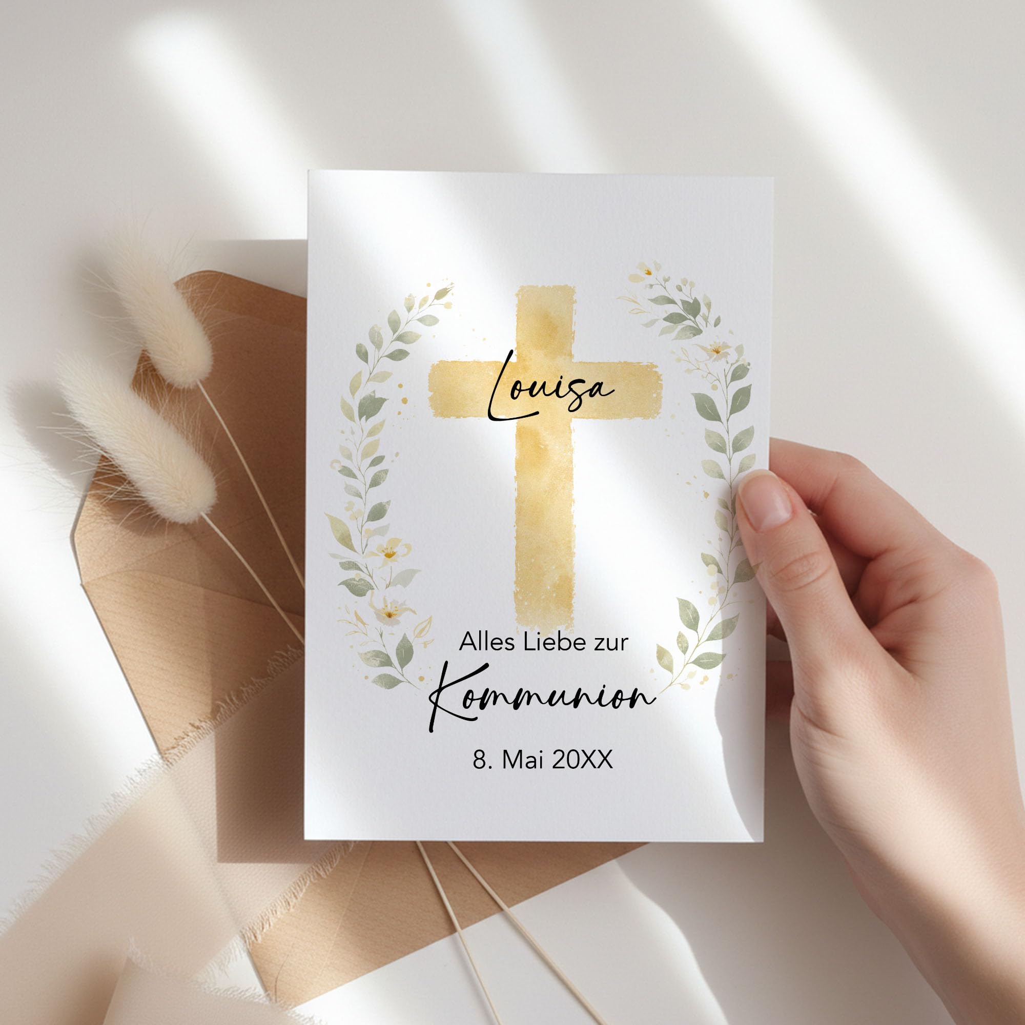 Personalisierte Kommunionskarte mit Name, Karte zur Kommunion mit Kreuz Design als Faltkarte für Mädchen Jungen - Glückwunschkarte & Geldgeschenk - 5