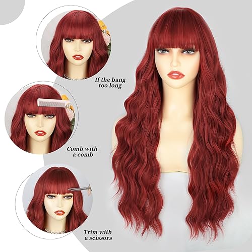 Miniatura 5 de Lativ Peluca roja con flequillo, pelucas rojas largas para mujer, 26 pulgadas, cabello rizado y ondulado, aspecto natural, peluca de fibra
