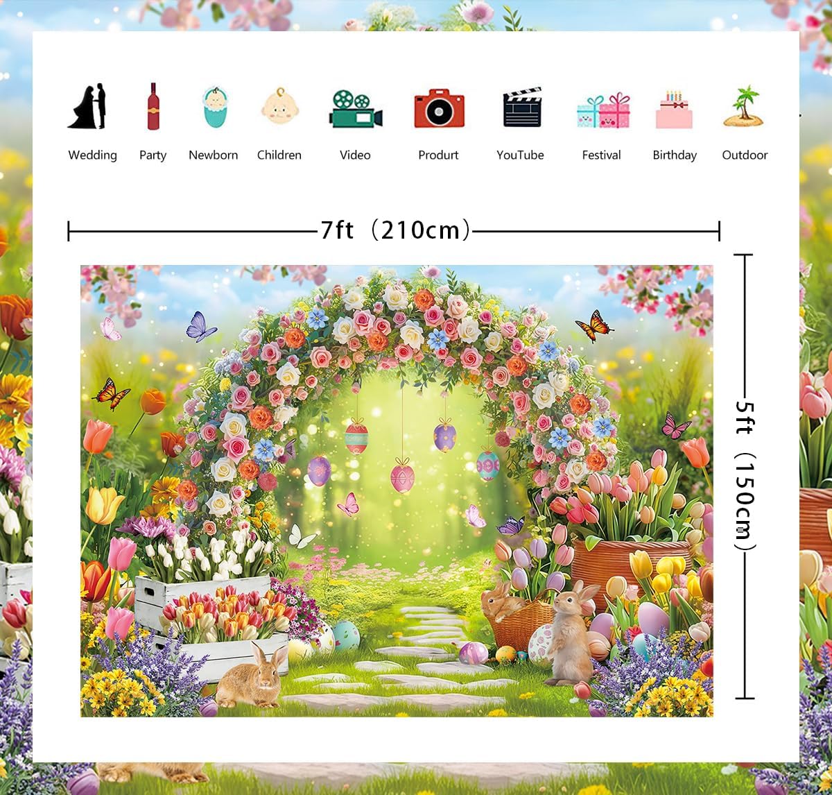 Spring Easter Backdrop Enchanted Garden Colorful Eggs Bunny Rabbit Floral Arch Photography Background Kids Baby Showers Birthday Party Decoration Banner Photo Props (7x5FT)