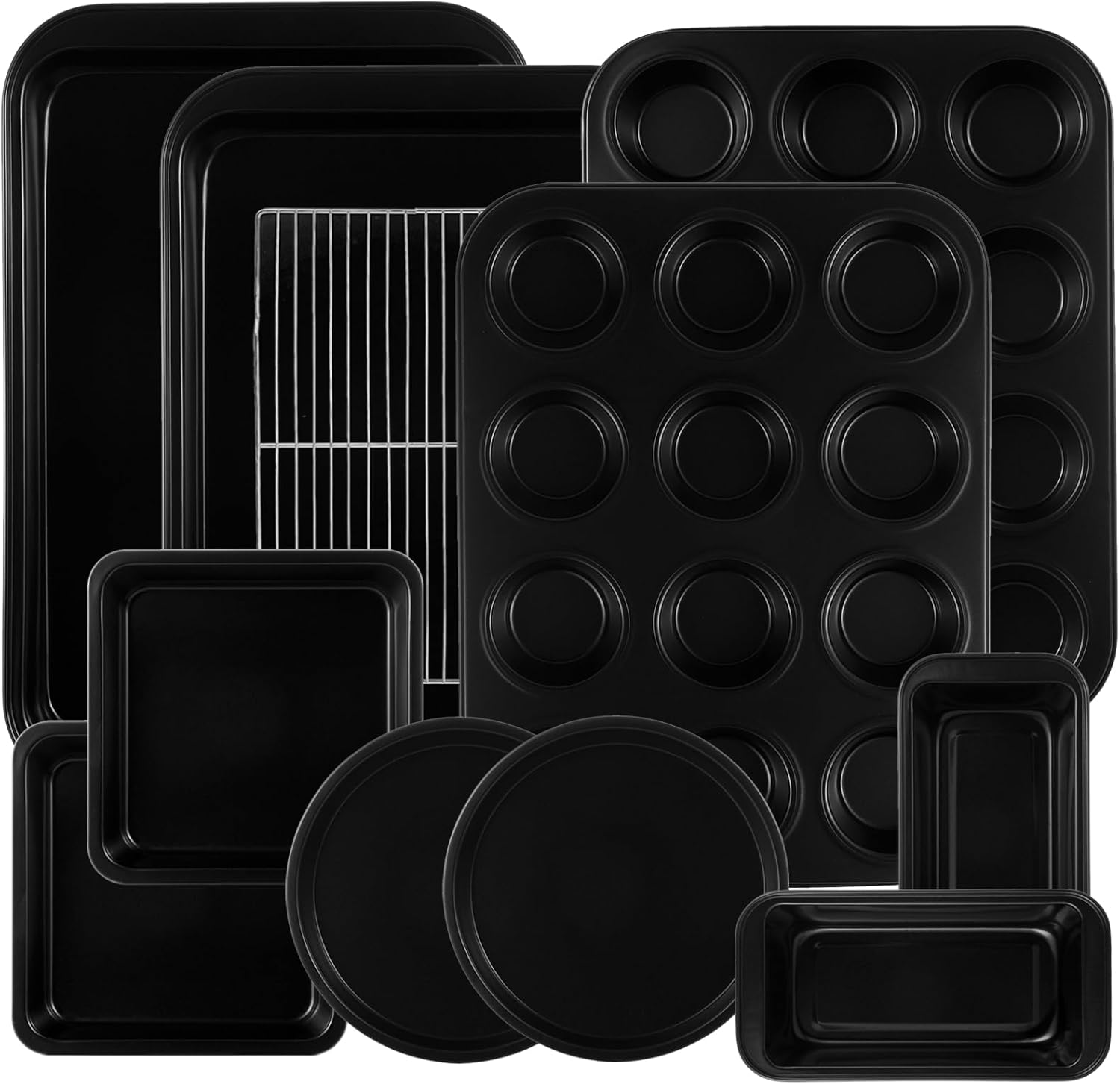 11-Piece Nonstick Baking Pans Set – Professional Grade Carbon Steel Bakeware with Premium Coating- Dishwasher Safe, Stackable, Oven Safe to 450°F (Black) 11-Piece Nonstick Baking Pans Set – Professional Grade Carbon Steel Bakeware with Premium Coating- Dishwasher Safe, Stackable, Oven Safe to 450°F (Black)